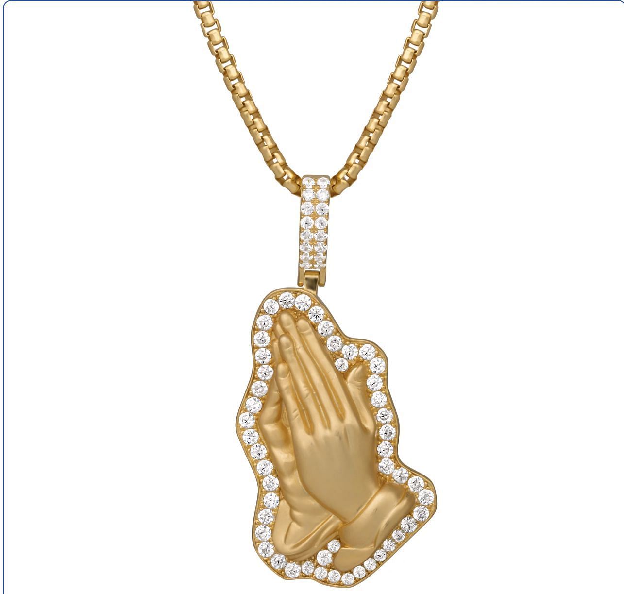 Men&#039;s Simulated Diamond Yellow Gold Plated Sterling Silver Praying Hands Necklace