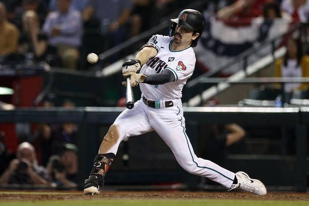 Corbin Carroll of the Arizona Diamondbacks lines out in the seventh inning against the Texas Rangers during Game Five of the World Series at Chase...