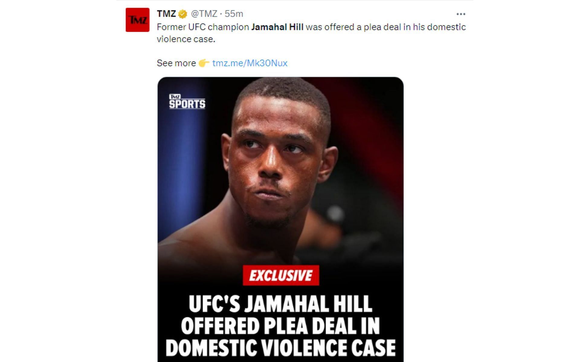 TMZ&#039;s tweet regarding Jamahal Hill being offered a plea deal [Image courtesy: @TMZ - X]