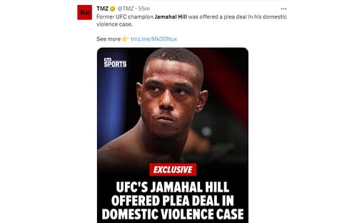 TMZ's tweet regarding Jamahal Hill being offered a plea deal [Image courtesy: @TMZ - X]