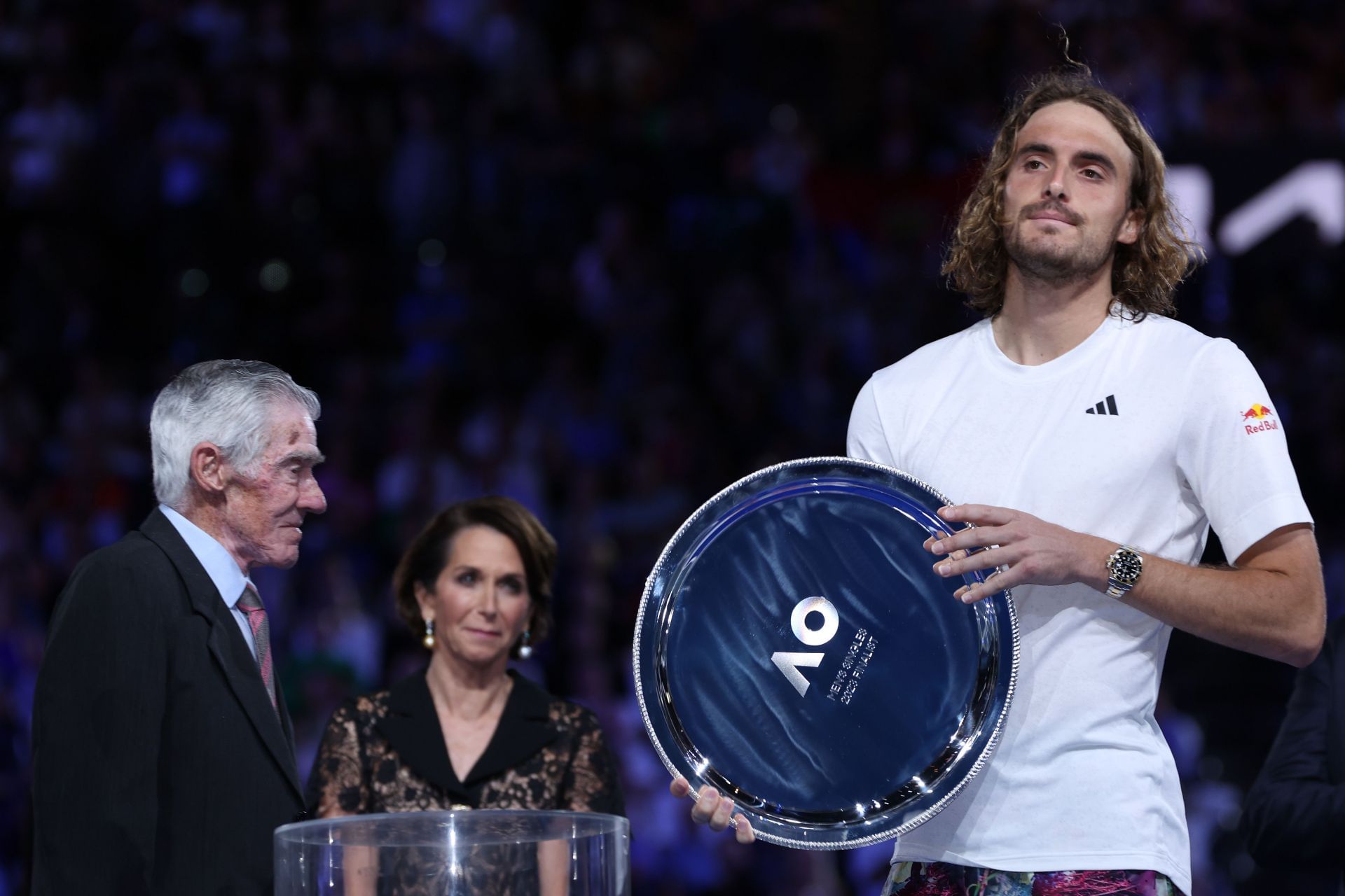 Stefanos Tsitsipas with the 2023 Australian Open runner-up trophy.