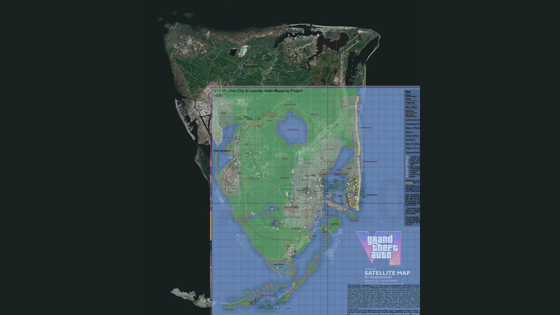 The old Grand Theft Auto 6 map on top of the updated satellite map; both are unofficial (Image via X/@lmk_nathan42915)