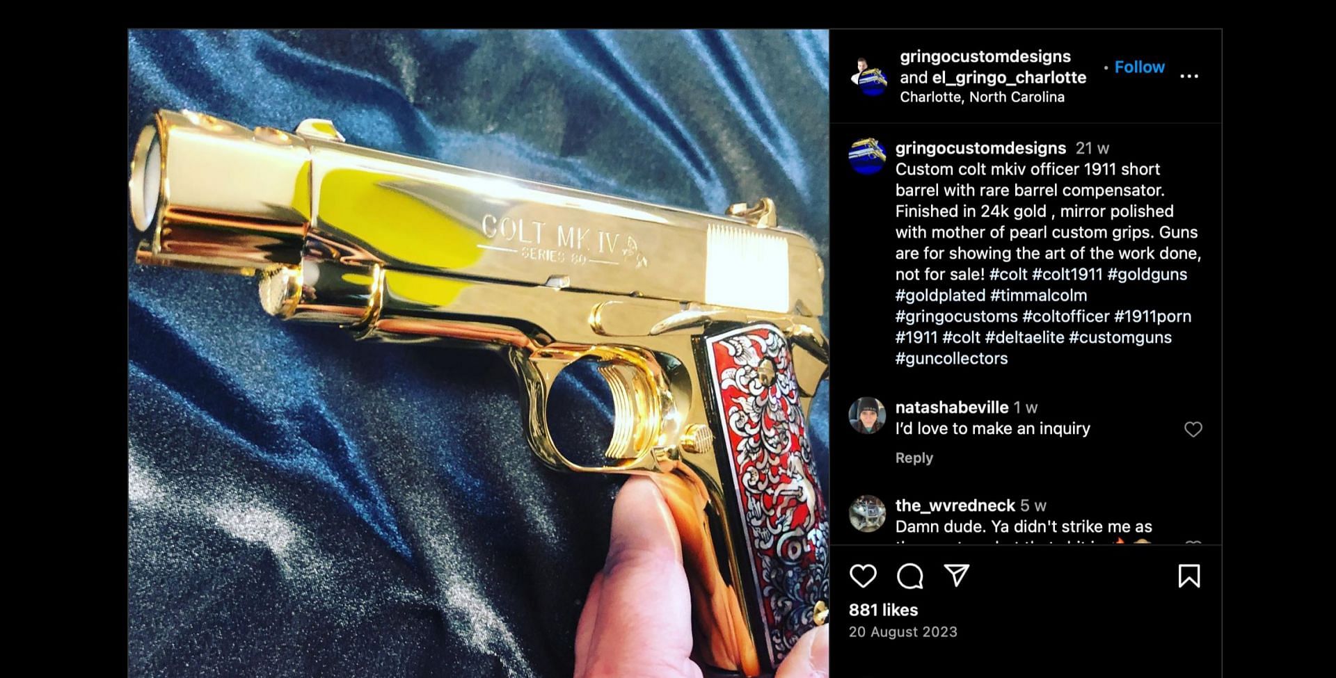 Custom gun from Tim Malcolm&#039;s firearms business (Image via Instagram/@gringocustomdesigns)