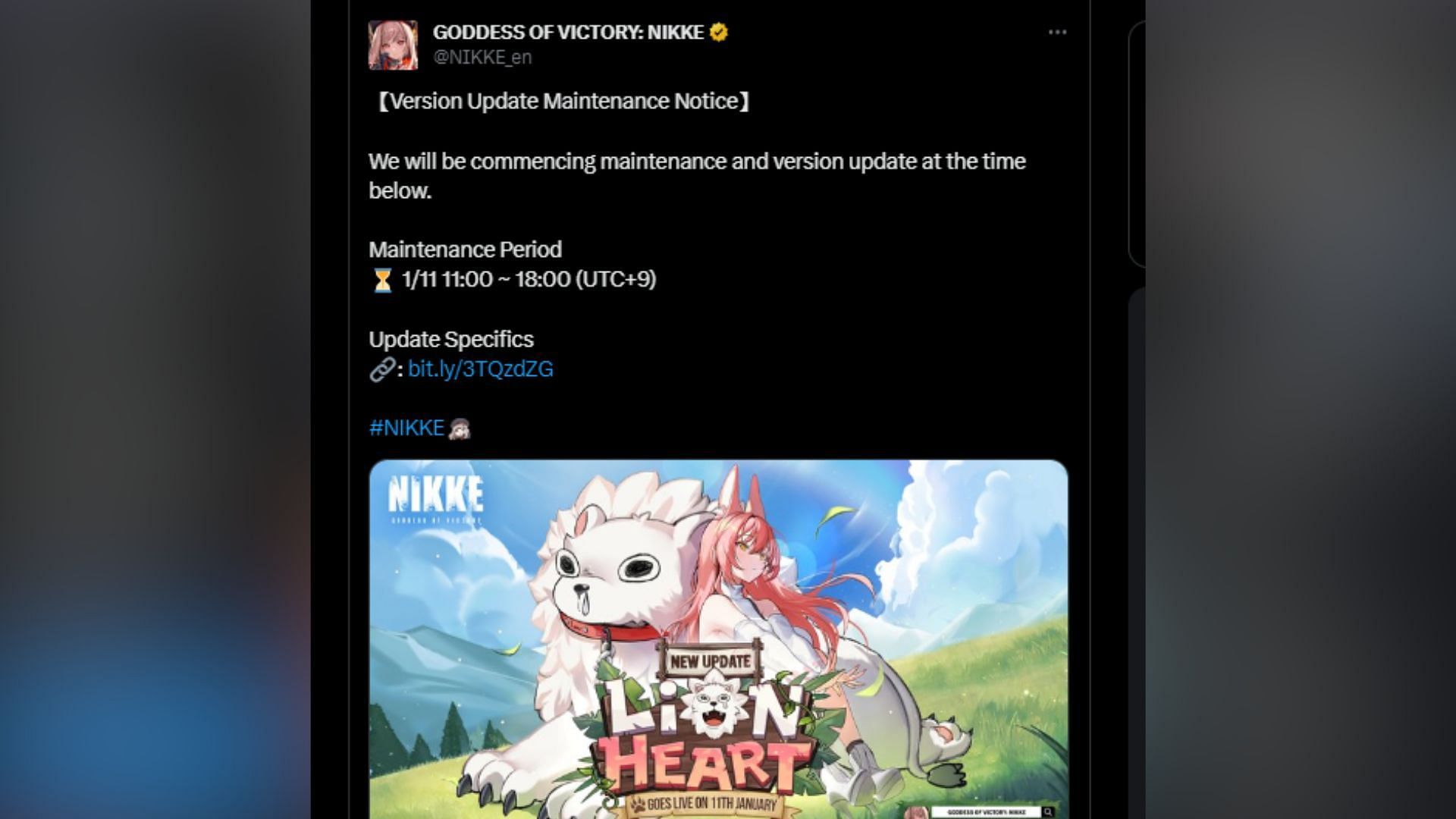 A tweet announcing the Goddess of Victory Nikke Lion Heart update. (Image via X)