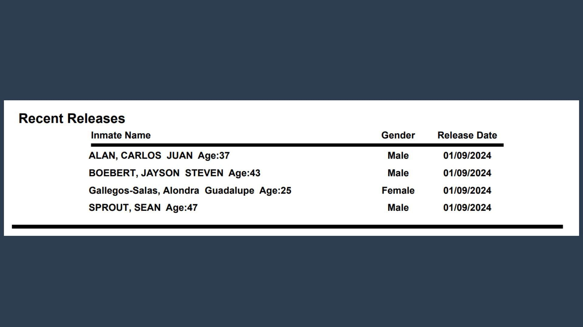 Jayson&#039;s name in the recent releases section of Garfield County jail documents (Image via Garfield County jail)