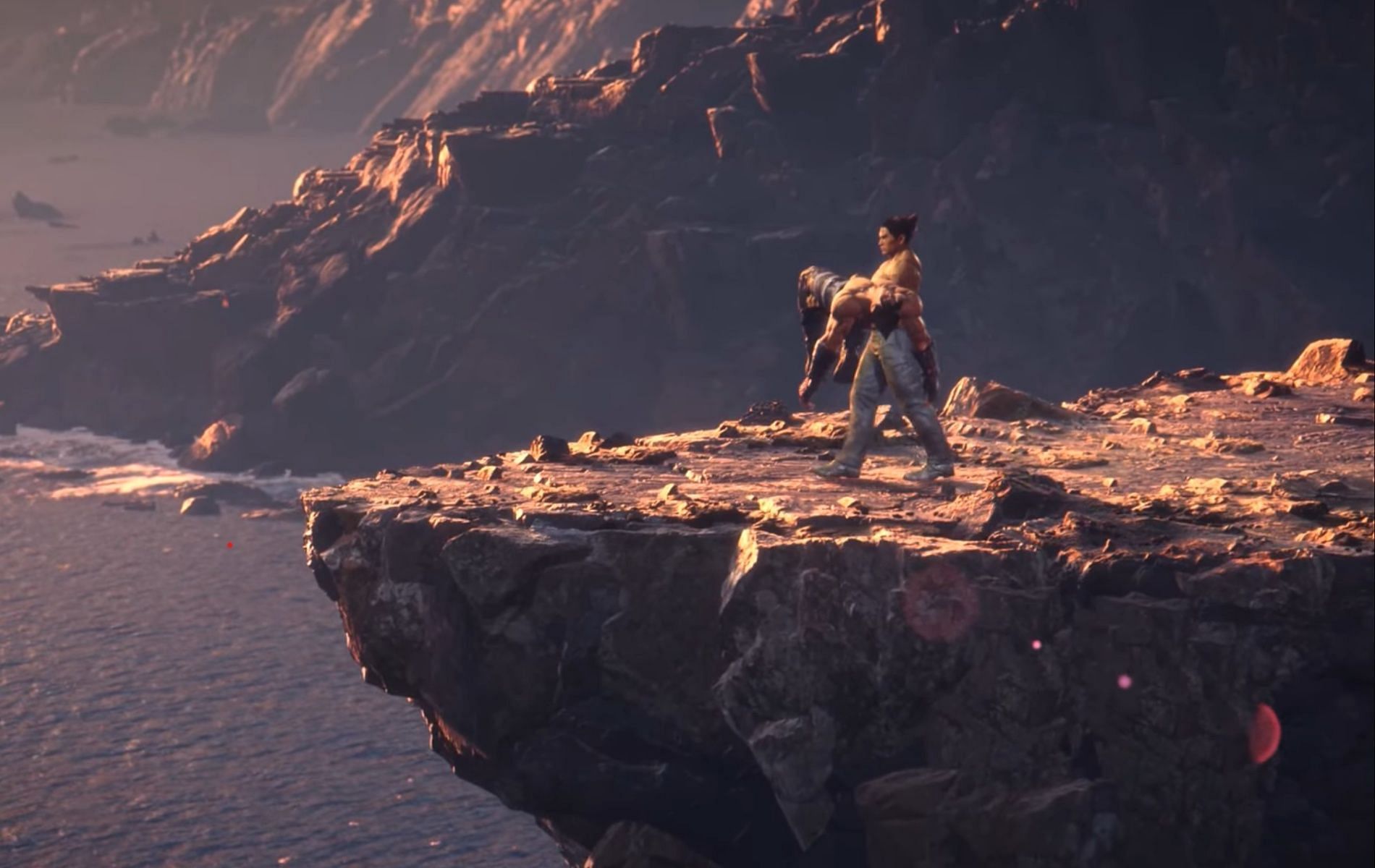Kazuya throws Jin off a cliff in true Tekken fashion (Image via Bandai Namco)