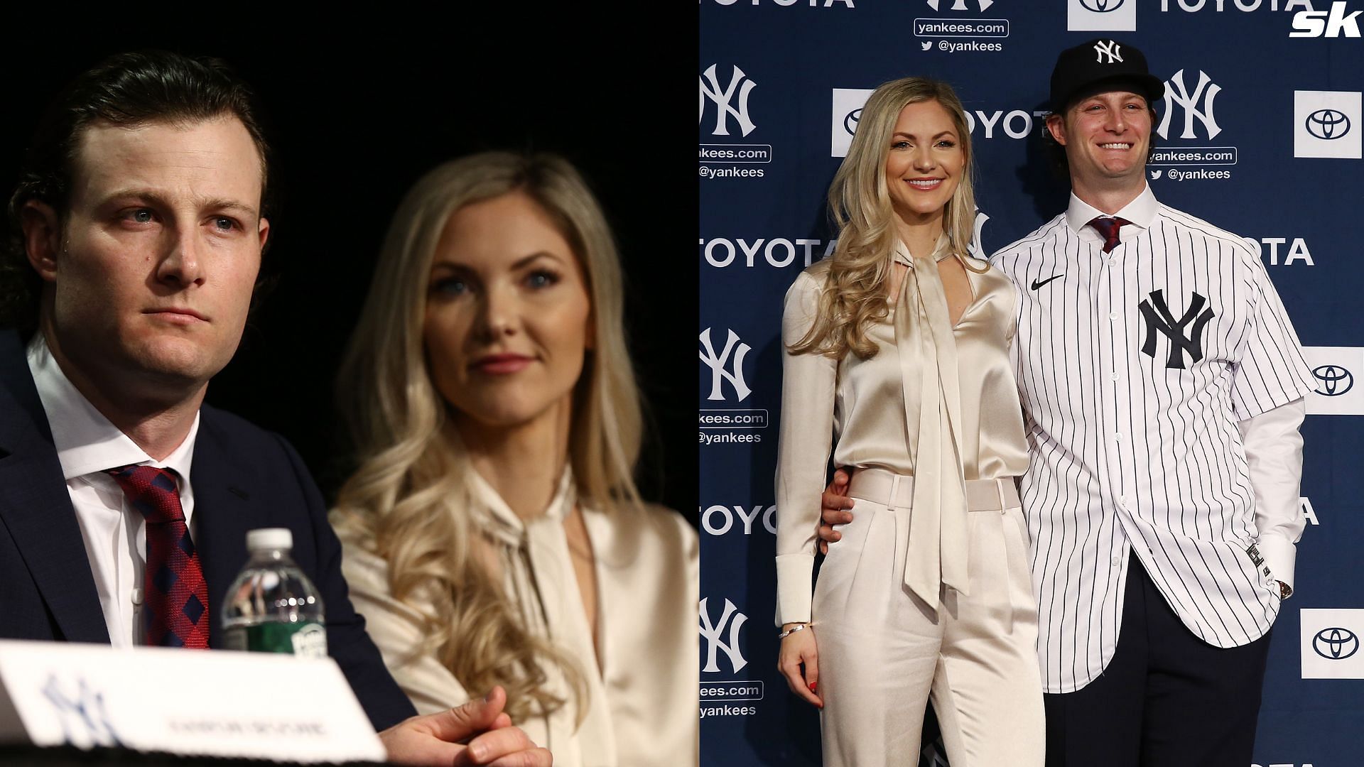 Gerrit Cole and his wife Amy Cole looks on during a press conference at Yankee Stadium