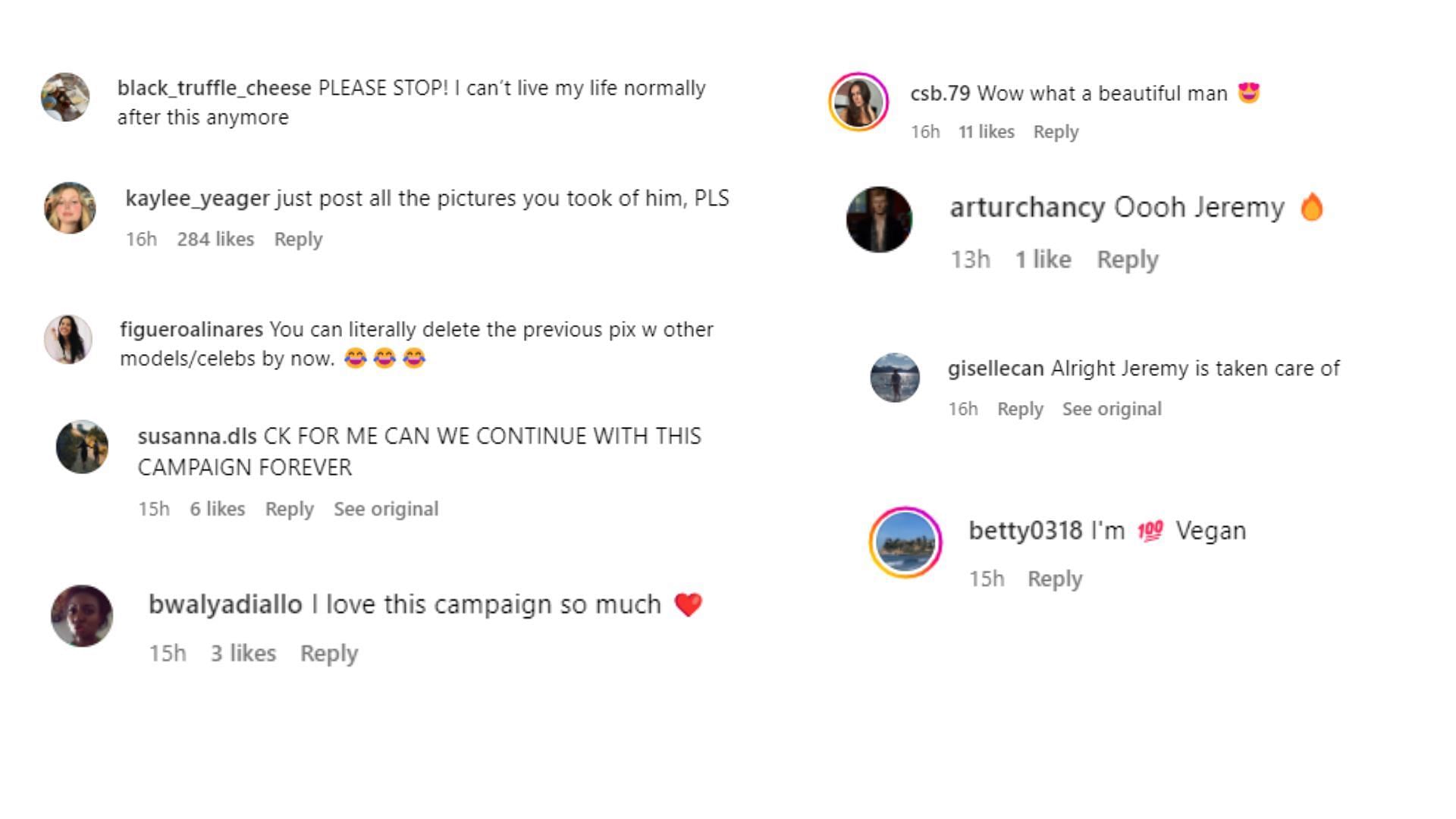 Fans inundate their appreciation and love for Jeremy&#039;s new ad shoot (Image via Instagram/CK)