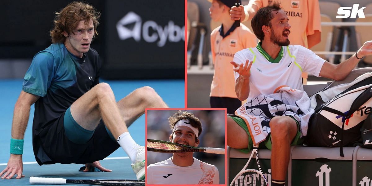 Andrey Rublev (L), Daniil Medvedev (R), Thiago Seyboth Wild (C)a