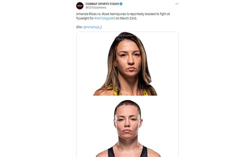 Tweet regarding Namajunas vs. Ribas being booked for UFC Vegas 88 [Image courtesy: @CSTodayNews - X]