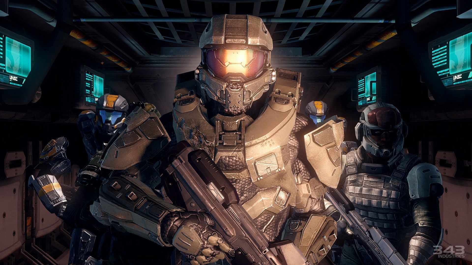 Master Chief in Halo along with two other soldiers