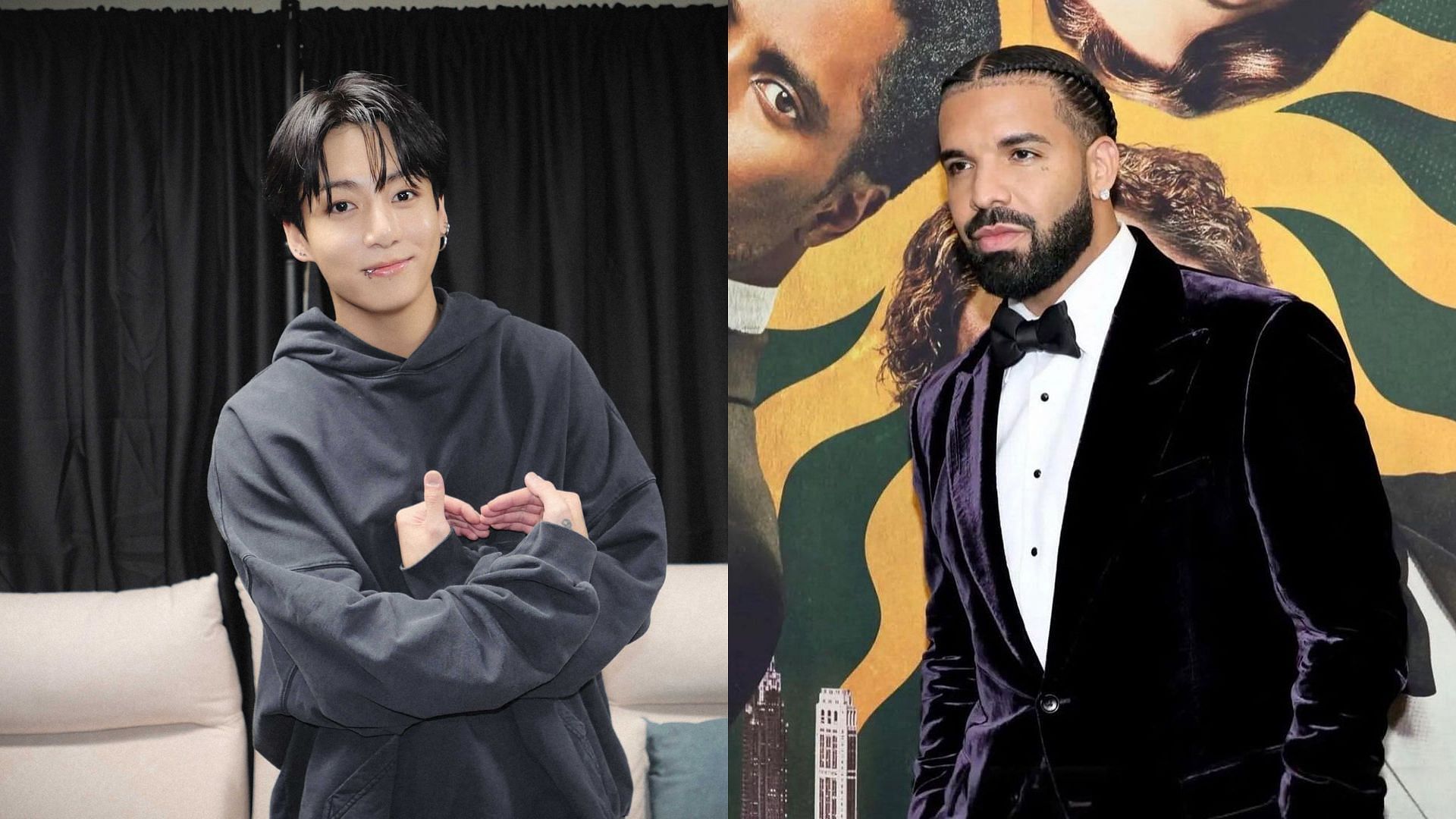 Jungkook ties with Drake (images via Twitter/bts_bighit and Instagram/champagnepapi)