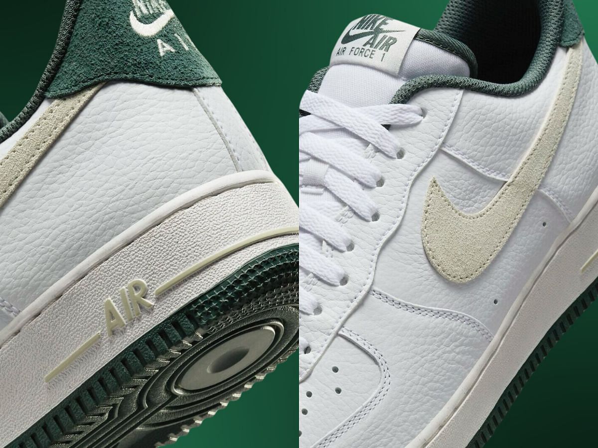 Take a closer look at Nike Air Force 1 Low &ldquo;Vintage Green&rdquo; heels and tongue areas (Image via Nike)