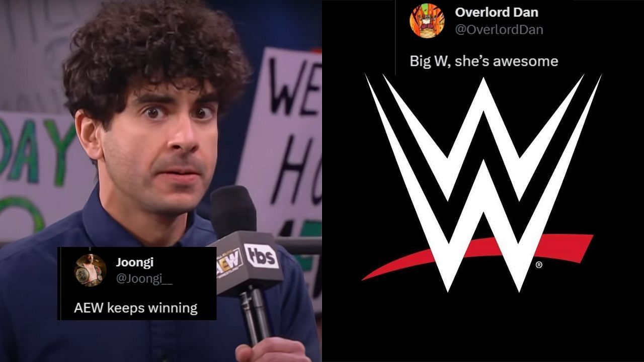 AEW president Tony Khan (left) and WWE logo (right)