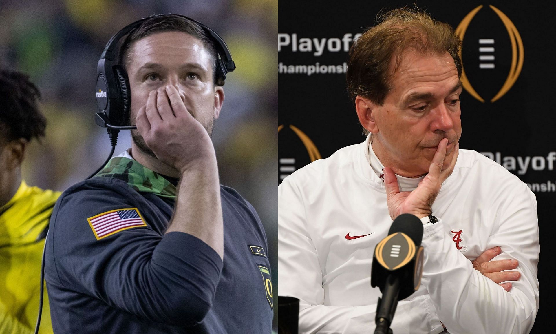 Dan Lanning (left), Nick Saban (right)