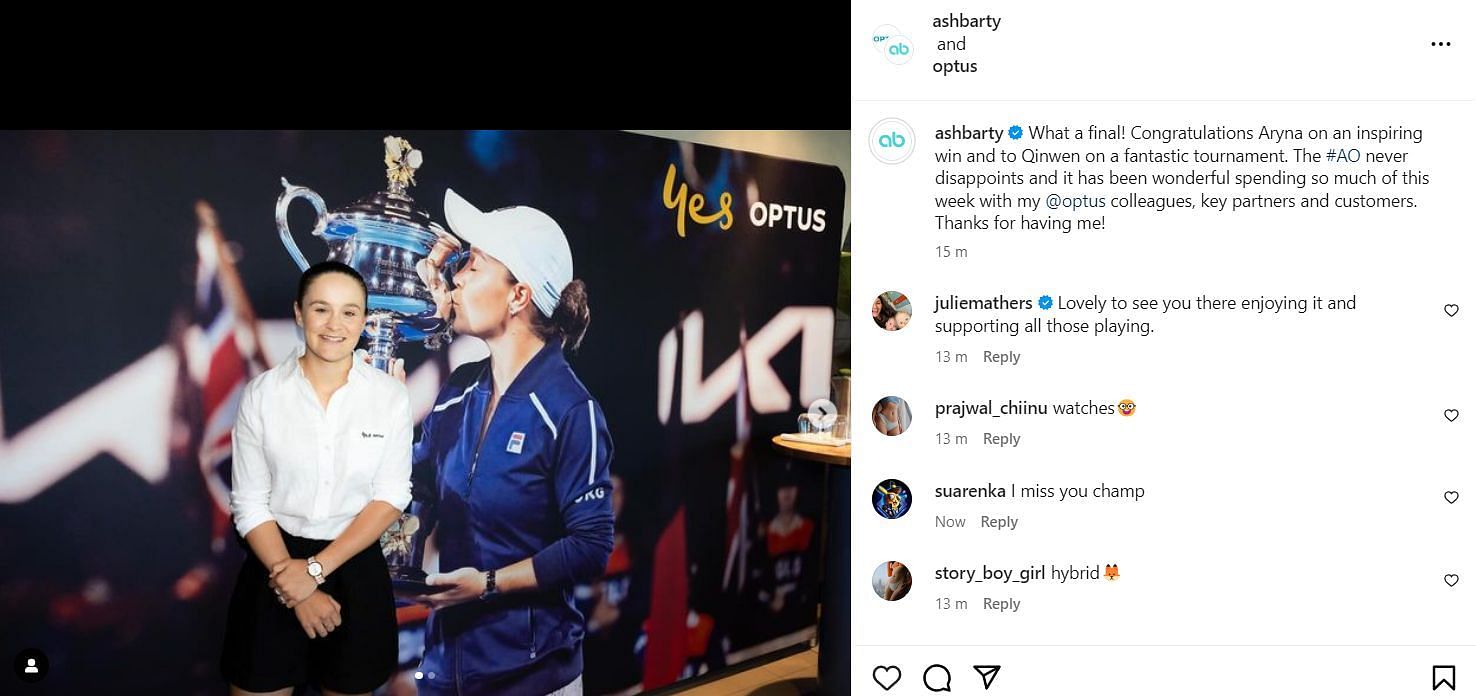 Ashleigh Barty&#039;s congratulatory message to Aryna Sabalenka