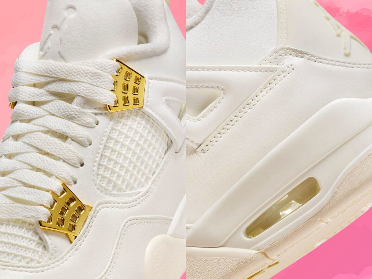 Take a closer look at the heels and tongues of Air Jordan 4 Metallic Gold sneakers (Image via YouTube/@inboxtogo)
