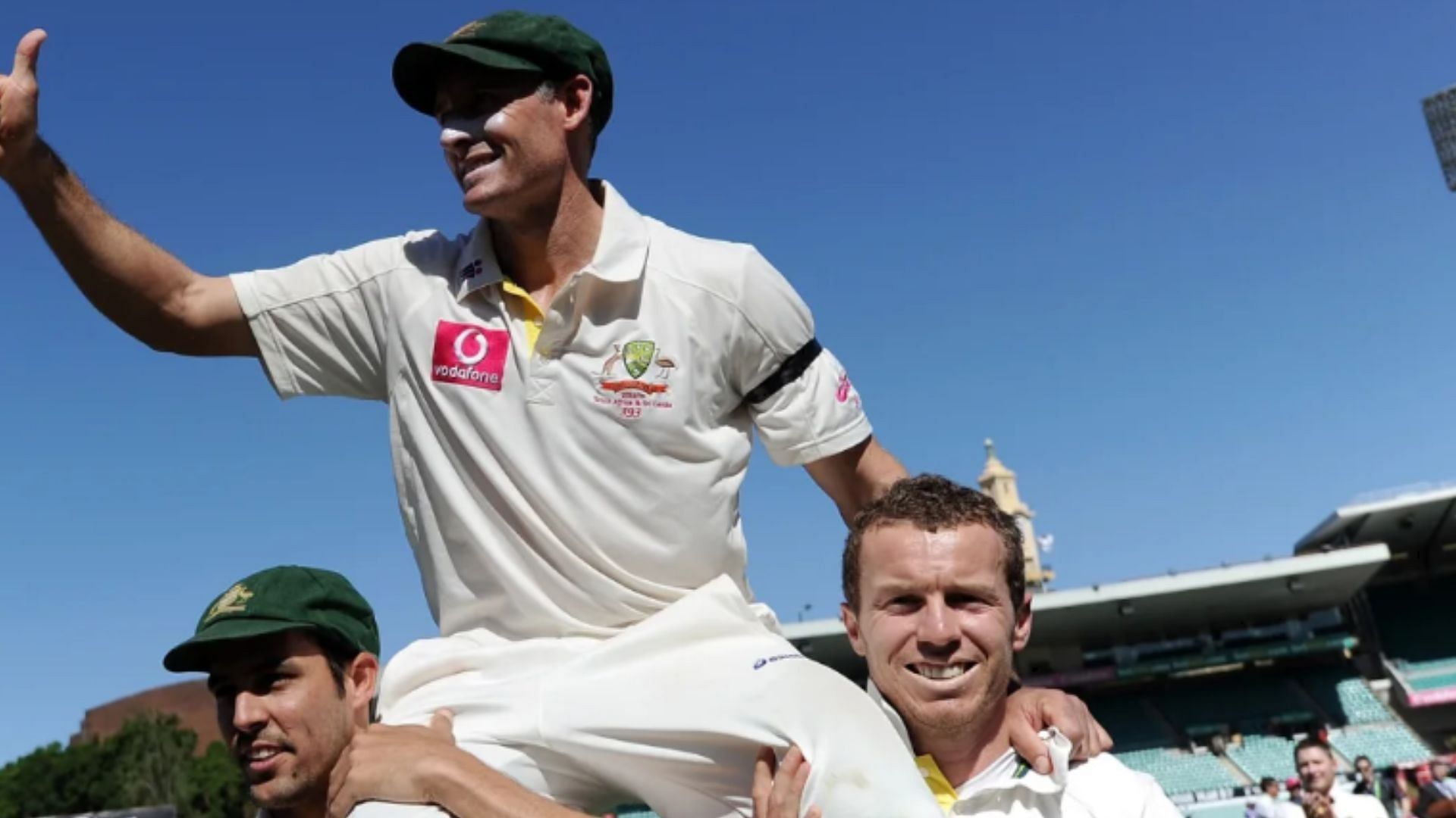 Mike Hussey was carried on the shoulders of Mitchell Johnson and Peter Siddle after his final Test. (Pic: Getty)