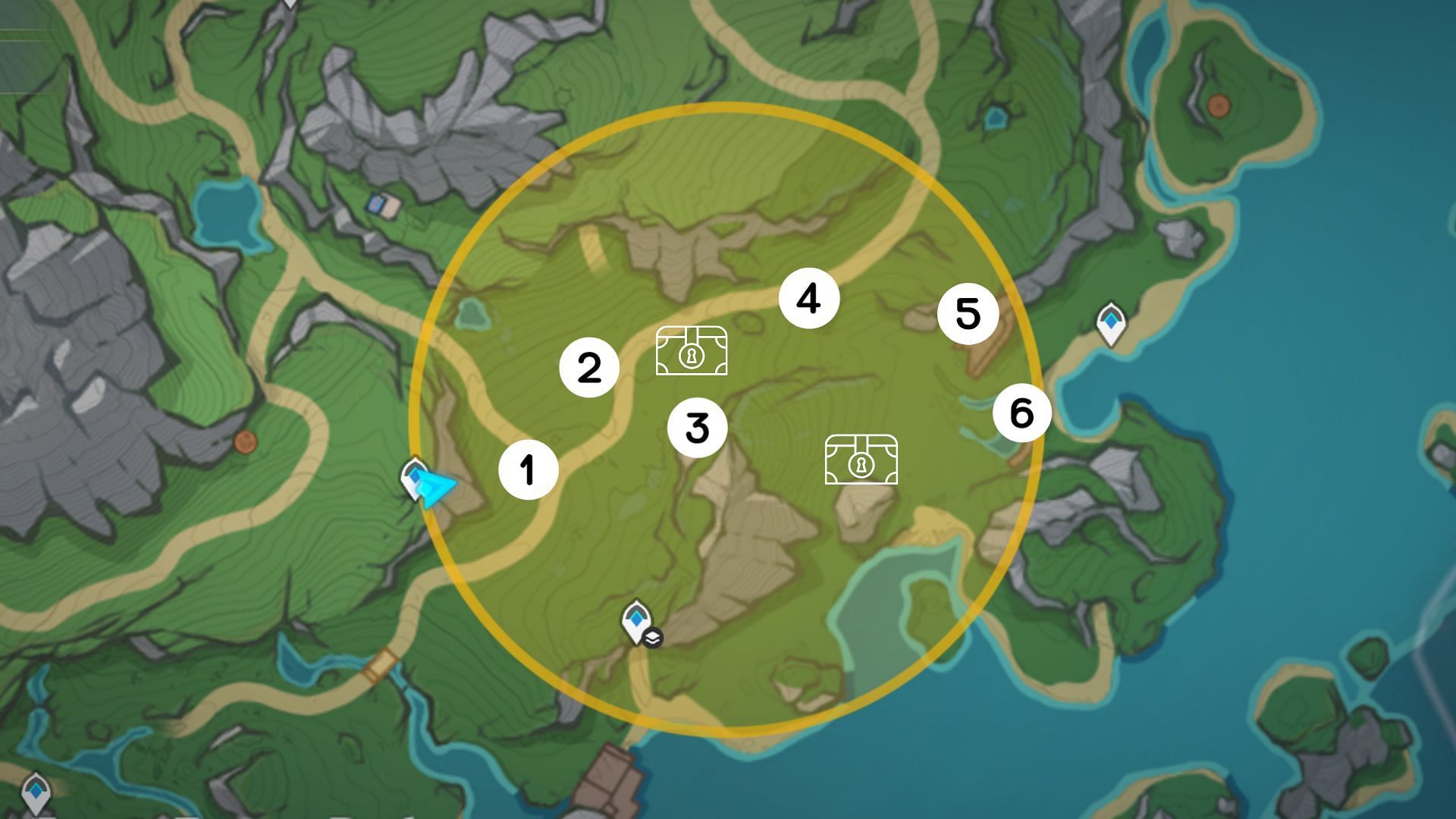 All 6 Energy Emission and Treasure Sites (Image via HoYoverse)