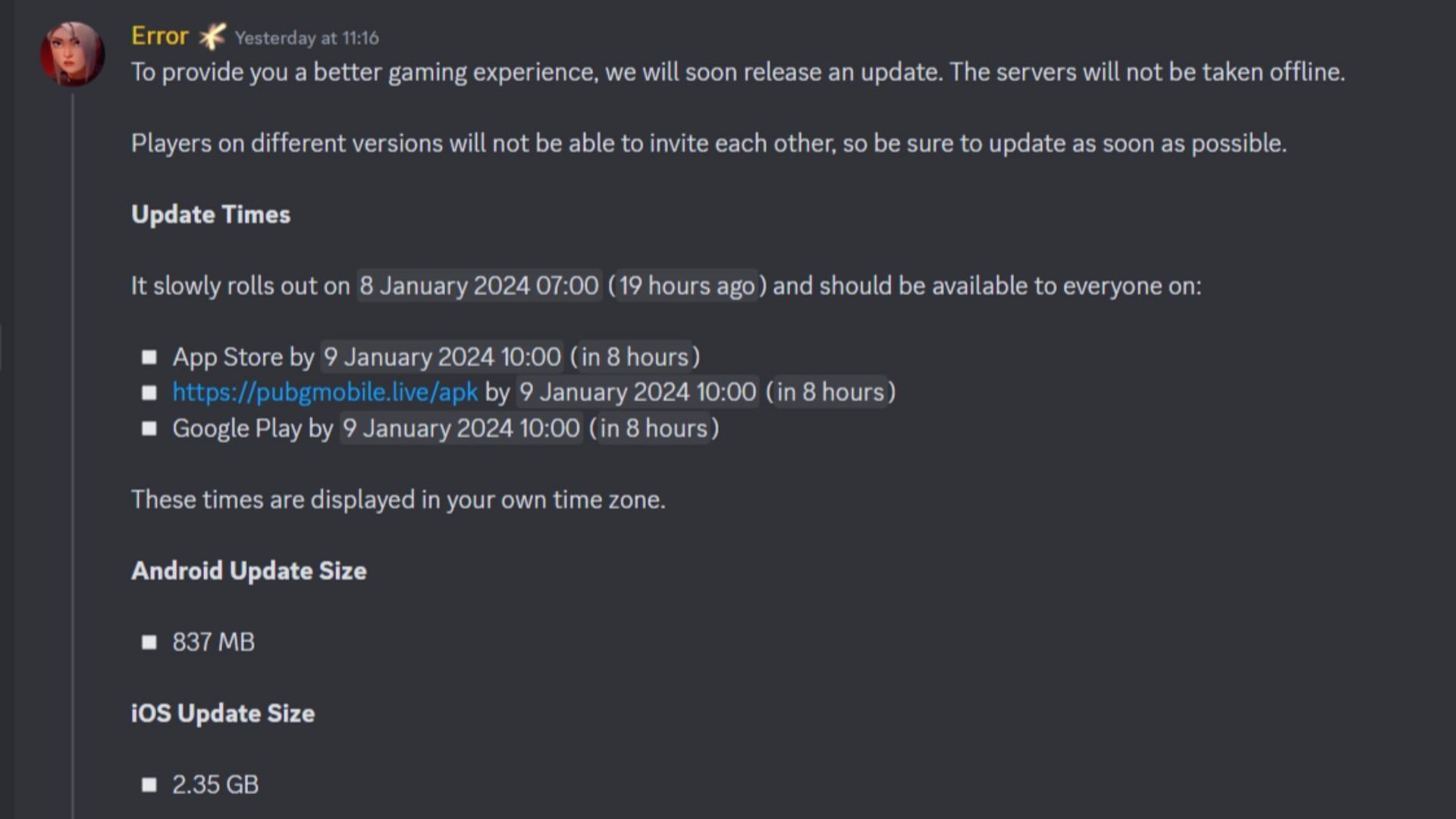 Snippet showing the January update&#039;s release date and time in UTC (Image via Discord/PUBG Mobile)