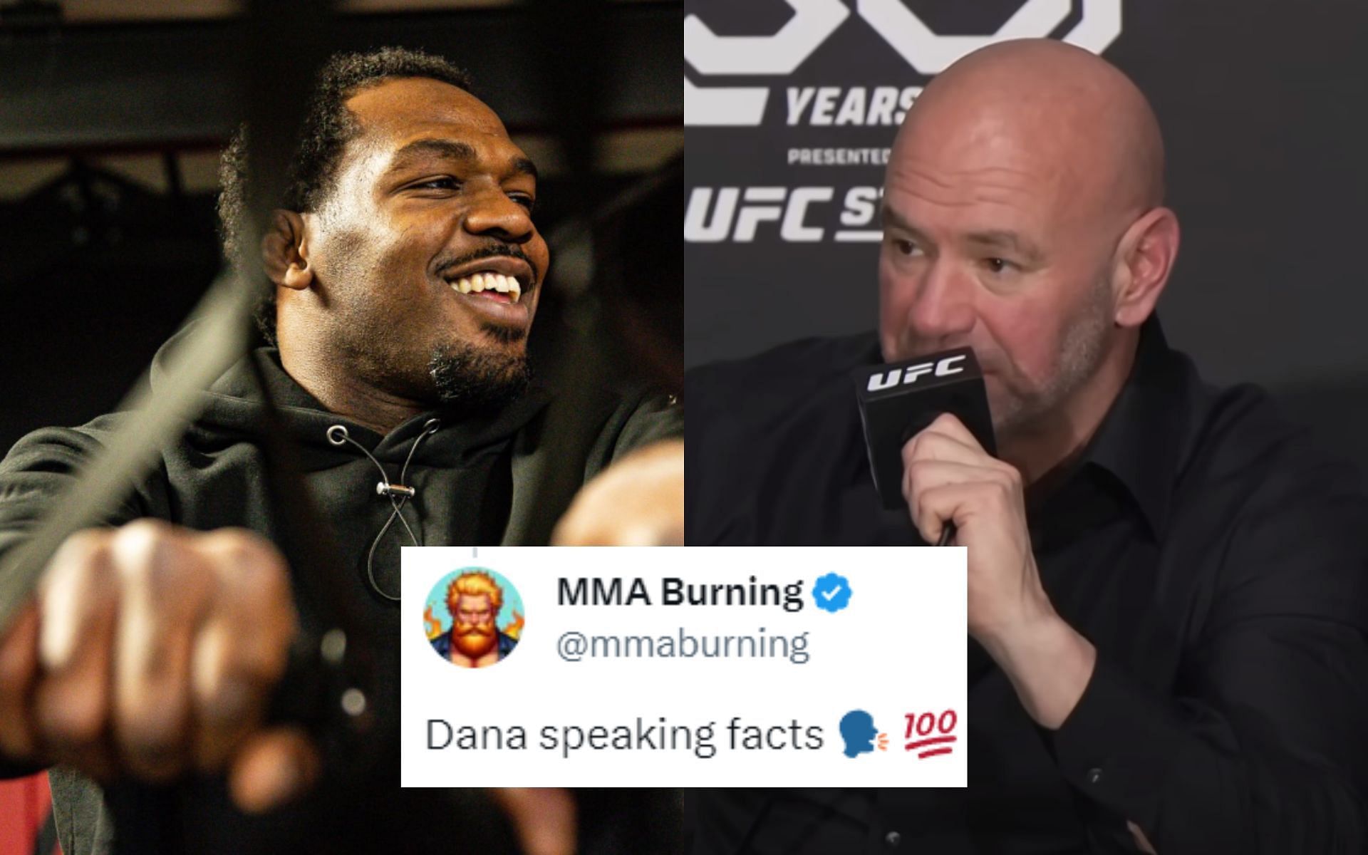 Jon Jones (left) and Dana White (right) [Images courtesy: @JonnyBones on X and the UFC YouTube channel]