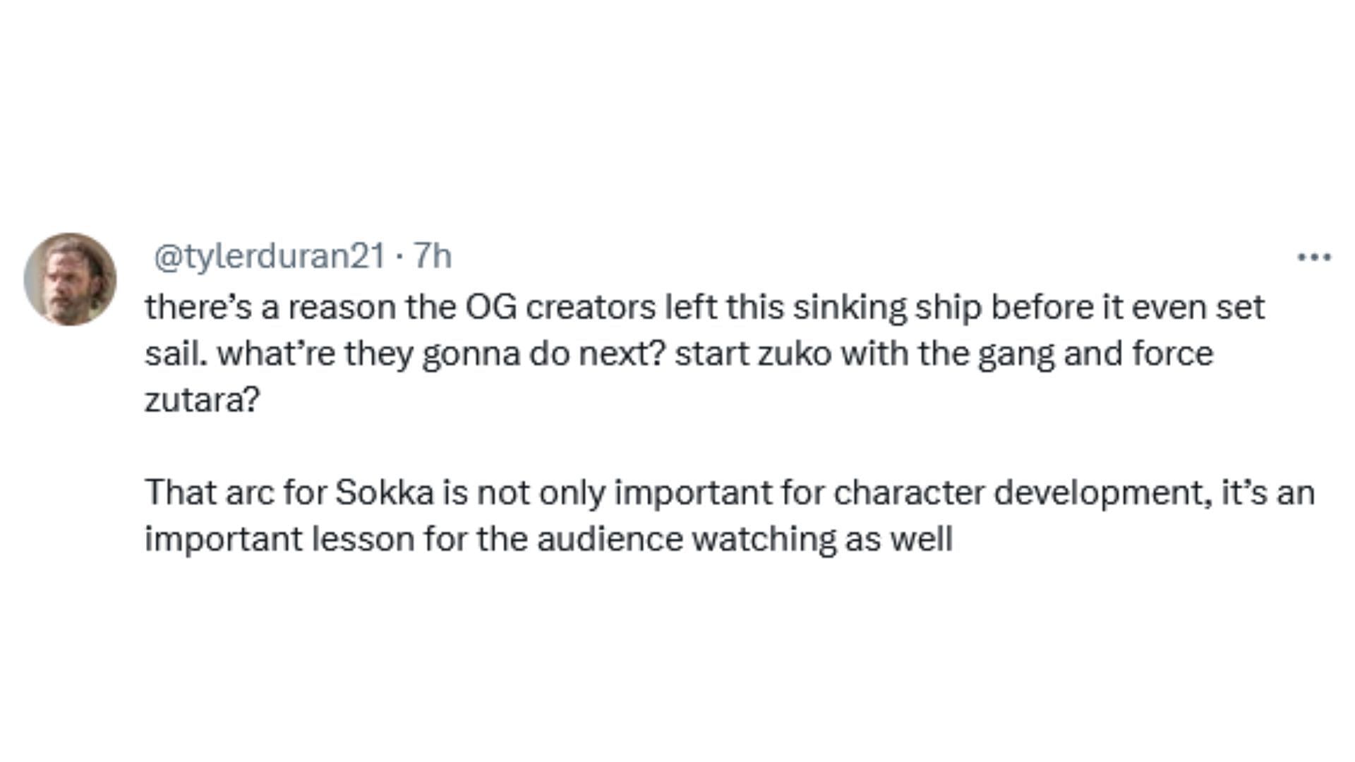 Netizens criticize the streaming platform for removing Sokka&#039;s sexist personality from the live-action Avatar series (Image via X/@tylerduran21)
