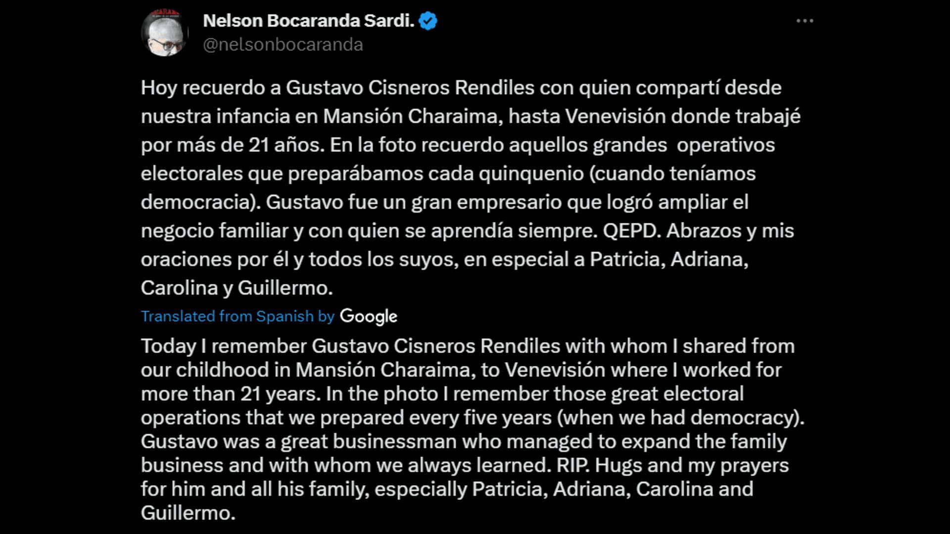 A netizen shares the death news of Gustavo Cisneros. (Image via X/nelsonbocaranda)