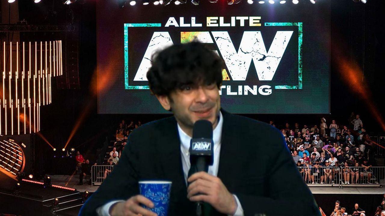 Tony Khan amidst the backdrop of an AEW arena