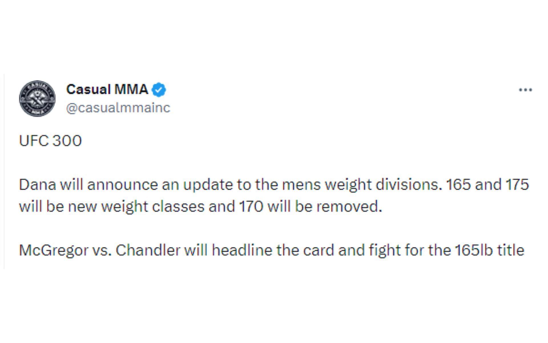 Casual MMA&#039;s tweet regarding Chandler vs. McGregor at 165 pounds [Image courtesy: @casualmmainc - X]