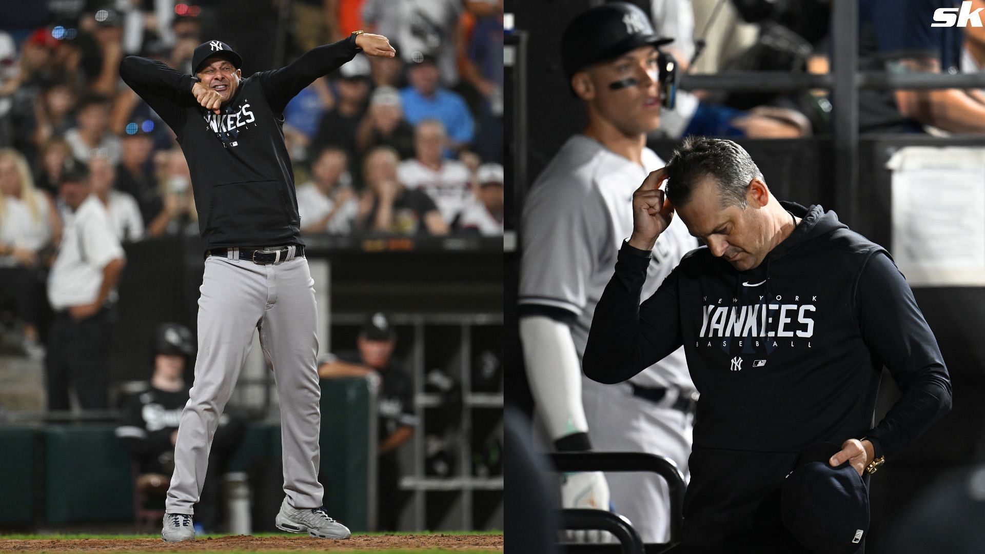 Manager Aaron Boone of the New York Yankees leaves the game after being ejected by home umpire Laz Diaz against the Chicago White Sox at Guaranteed Rate Field