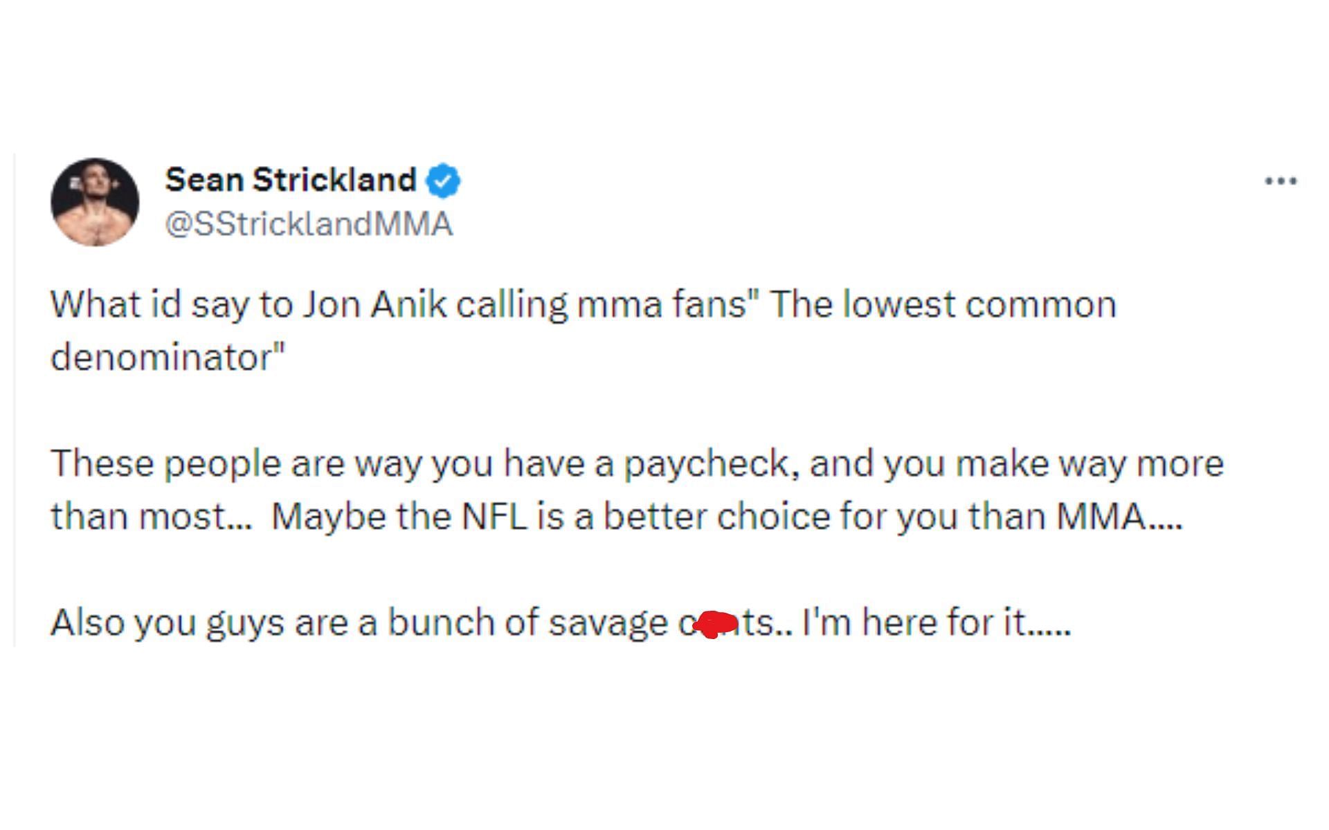 Sean Strickland's tweet regarding Jon Anik [Image courtesy: @SStricklandMMA - X]