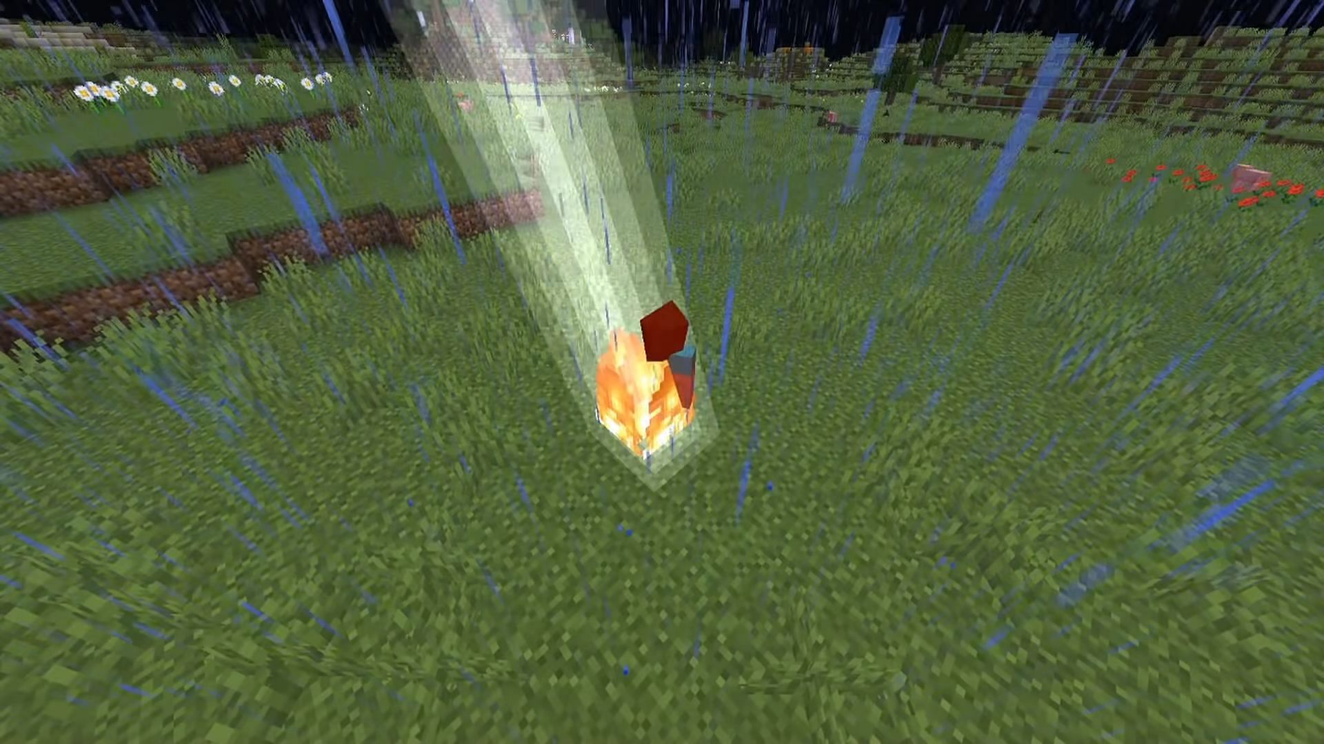 Steve is struck with lightning, an incredibly rare Minecraft occurrence.