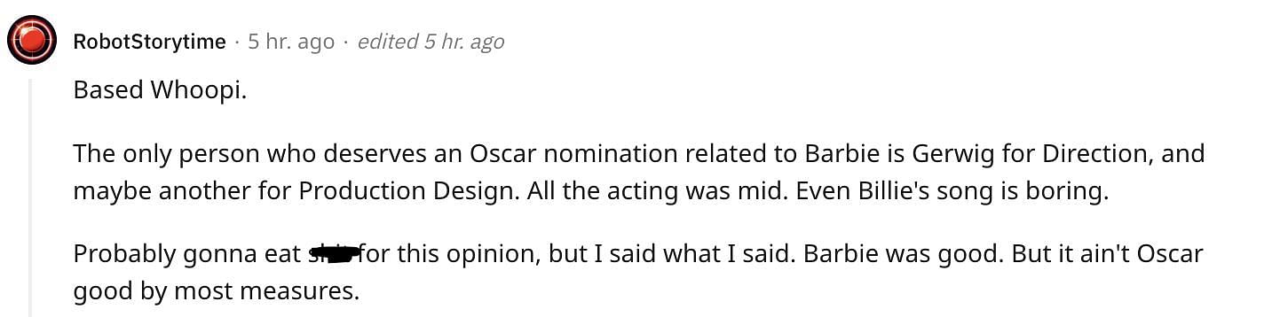 Fans reacting to Barbie movie&#039;s Oscar nominations. (Image via Reddit/@Civil-Confusion-7806)
