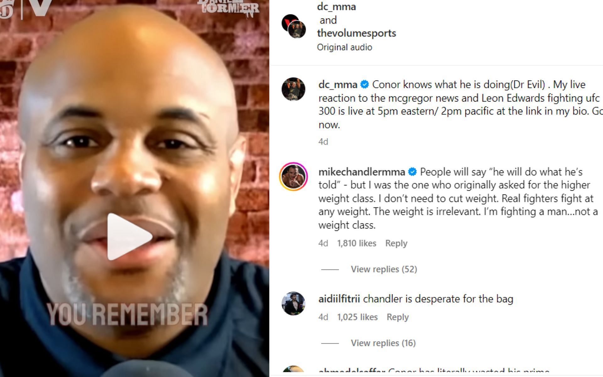 Screenshot of Chandler&#039;s comment on Daniel Cormier&#039;s Instagram post