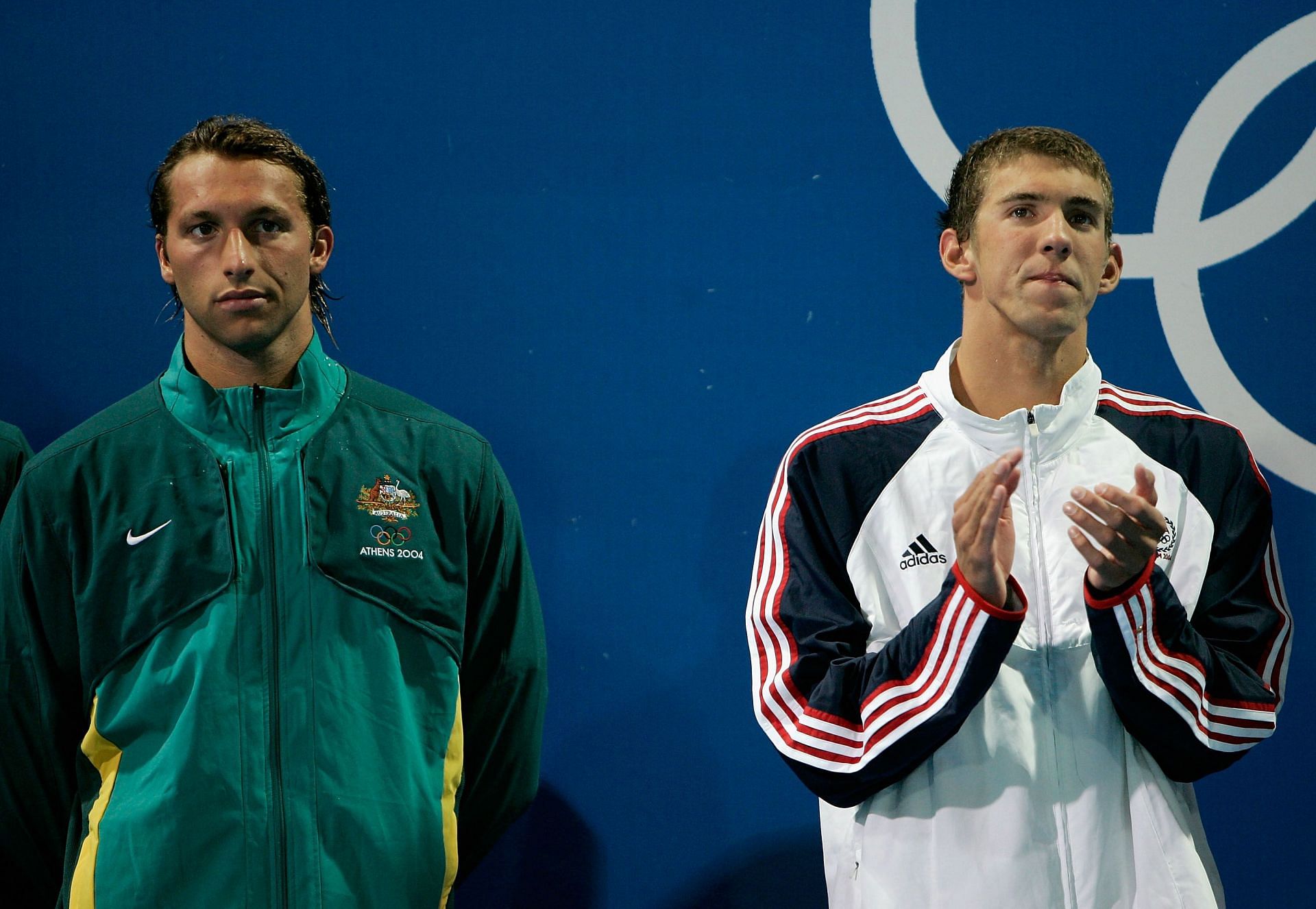 Ian Thorpe and Phelps in 2004 Olympics at the Mens 4x200m Free Relay Medal Ceremony