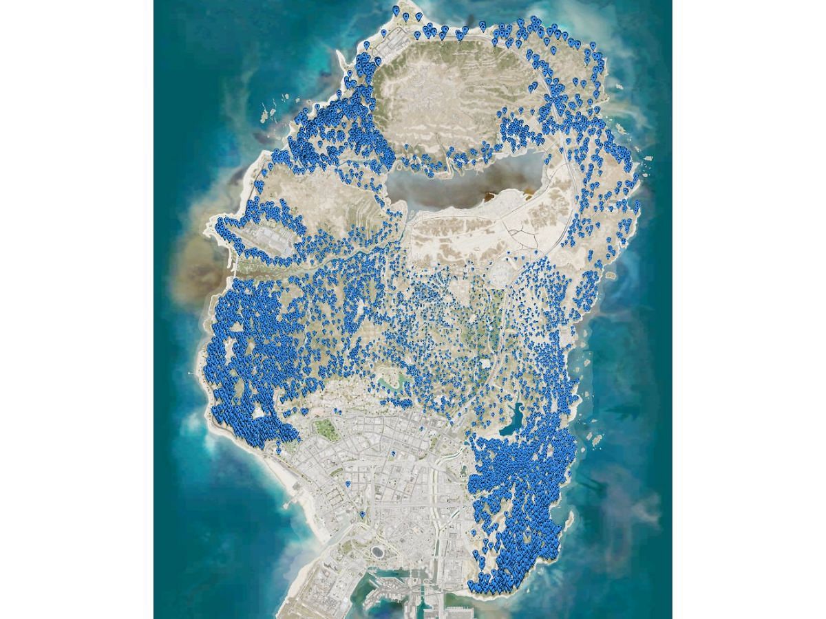 All possible rabbit spawn locations on the Grand Theft Auto Online map (Image via X/@TezFunz2)