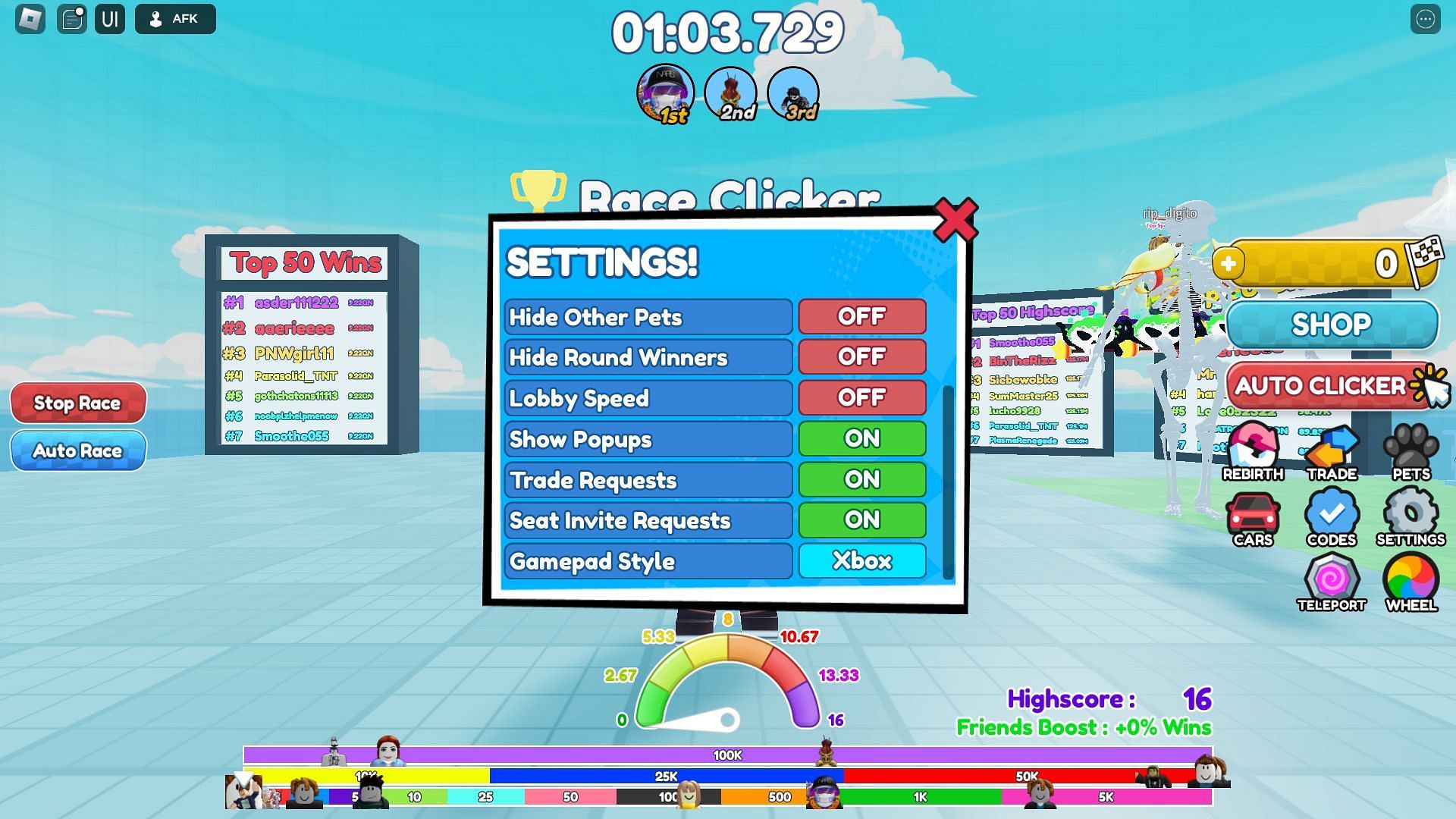 Race Clicker settings (Image via Roblox and Sportskeeda)
