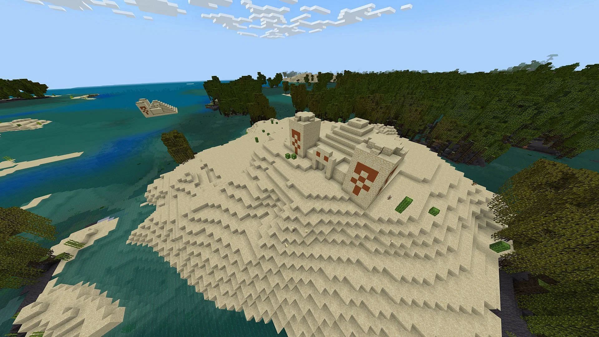 The pyramids in this Minecraft Bedrock seed rest among plenty of mangrove swampland (Image via Mojang)