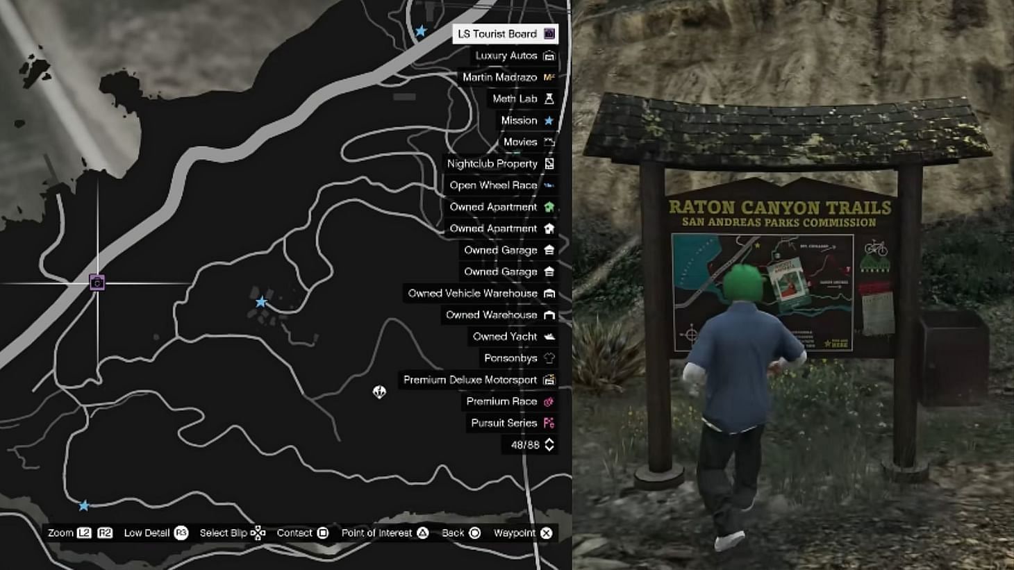 The LS Tourist is marked with a purple camera icon on the map (Image via YouTube/TGG)