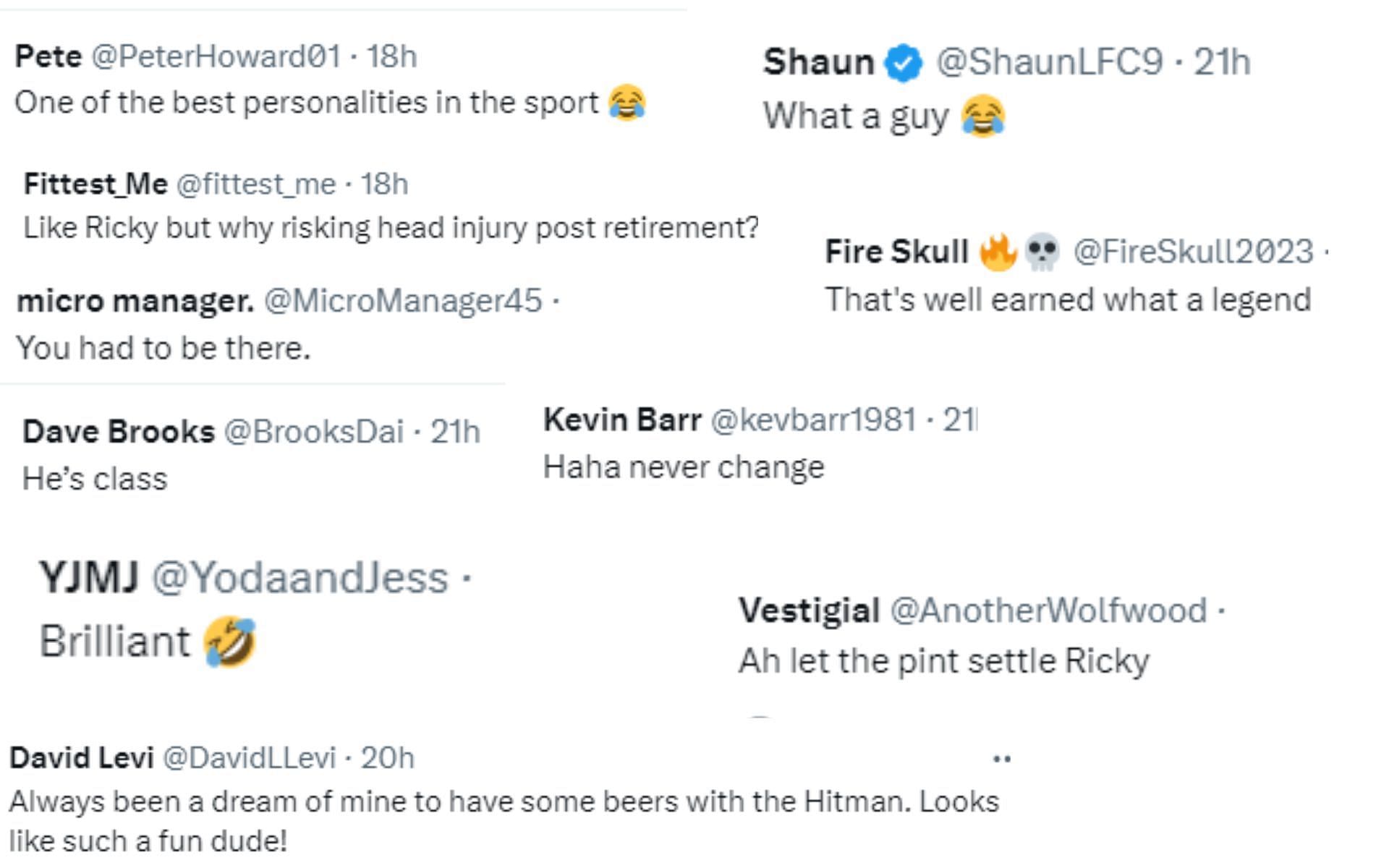 Screenshots from fan reactions to Hatton falling at the pub