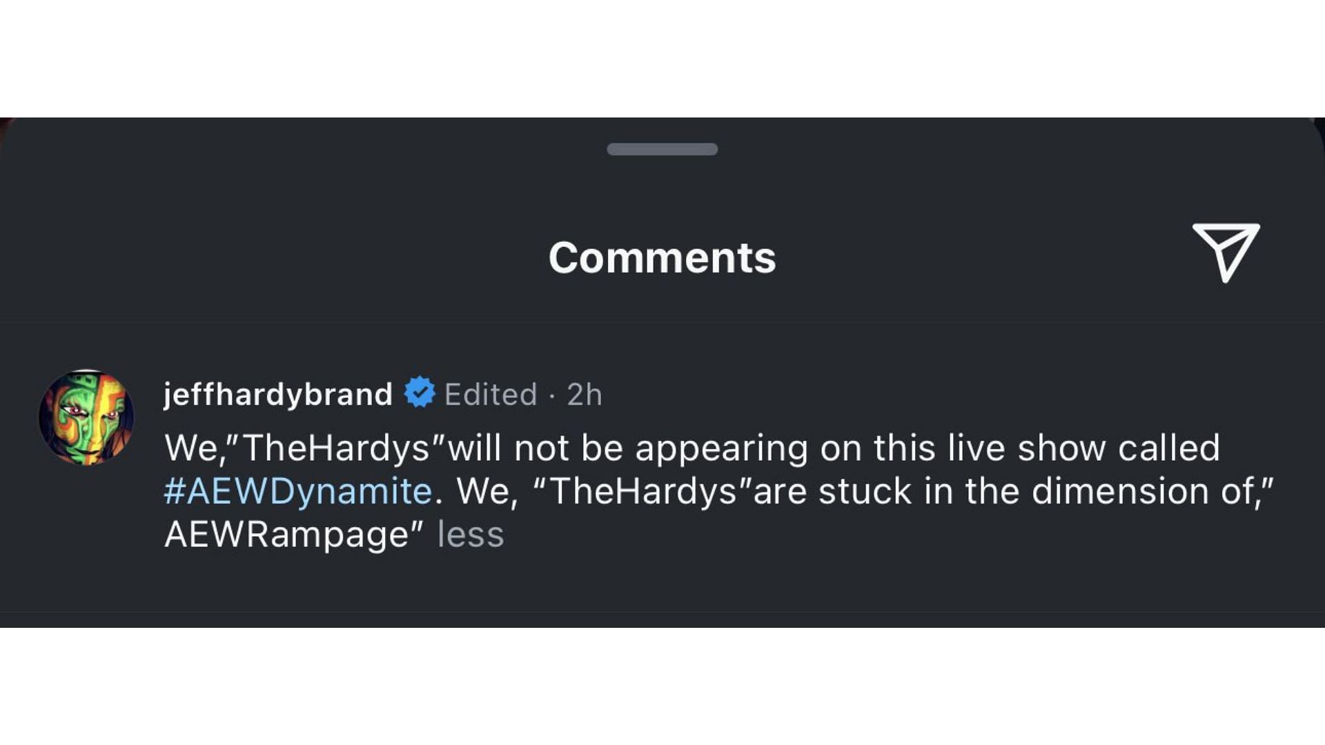 Jeff Hardy reveals the Hardys are stuck on Rampage and will not appear on Dynamite.