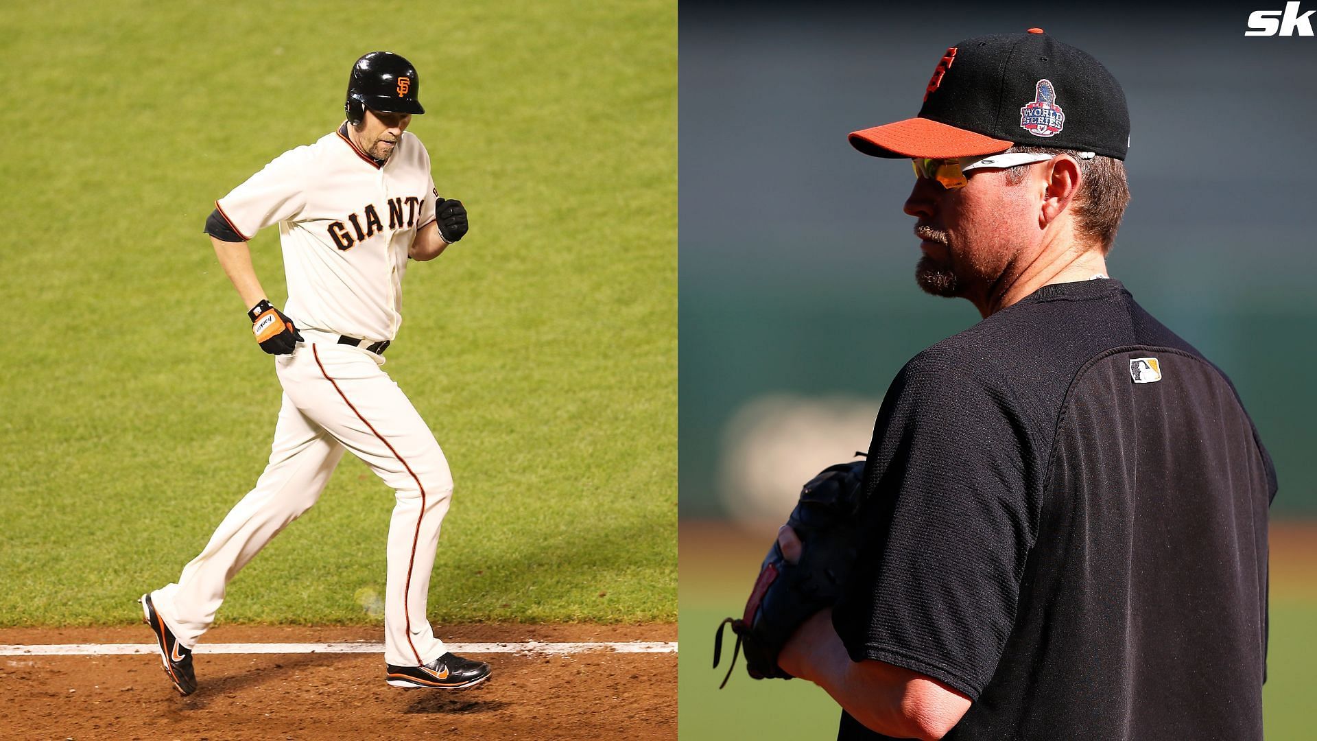 Aubrey Huff of the San Francisco Giants looks on during batting practice against the Detroit Tigers during Game One of the MLB World Series at AT&amp;T Park