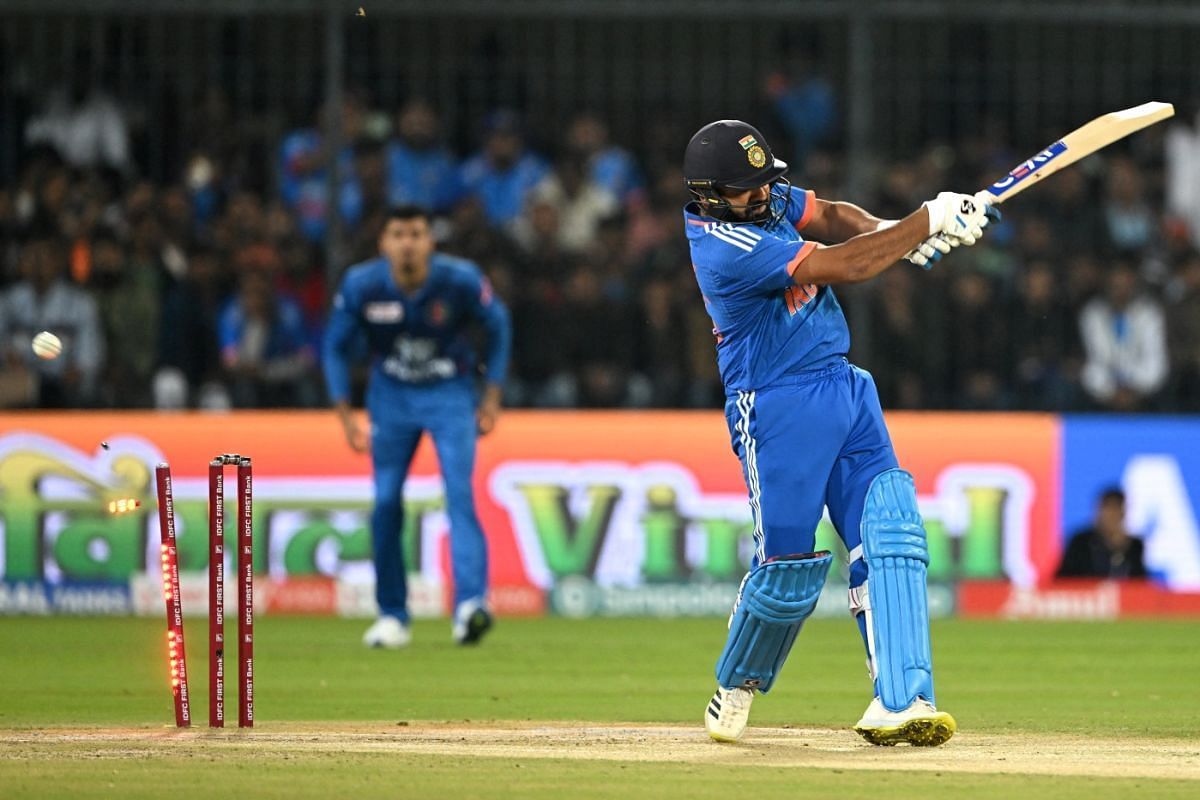 Rohit Sharma getting bowled vs Afghanistan [Getty Images]