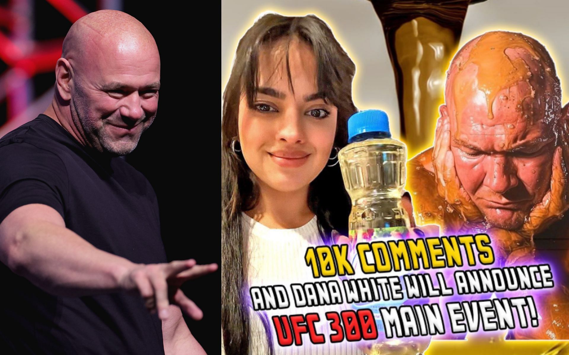 Dana White (left) and the oil challenge by Nina-Marie Daniele (right). [via Getty Images and Instagram @ninamariedaniele]