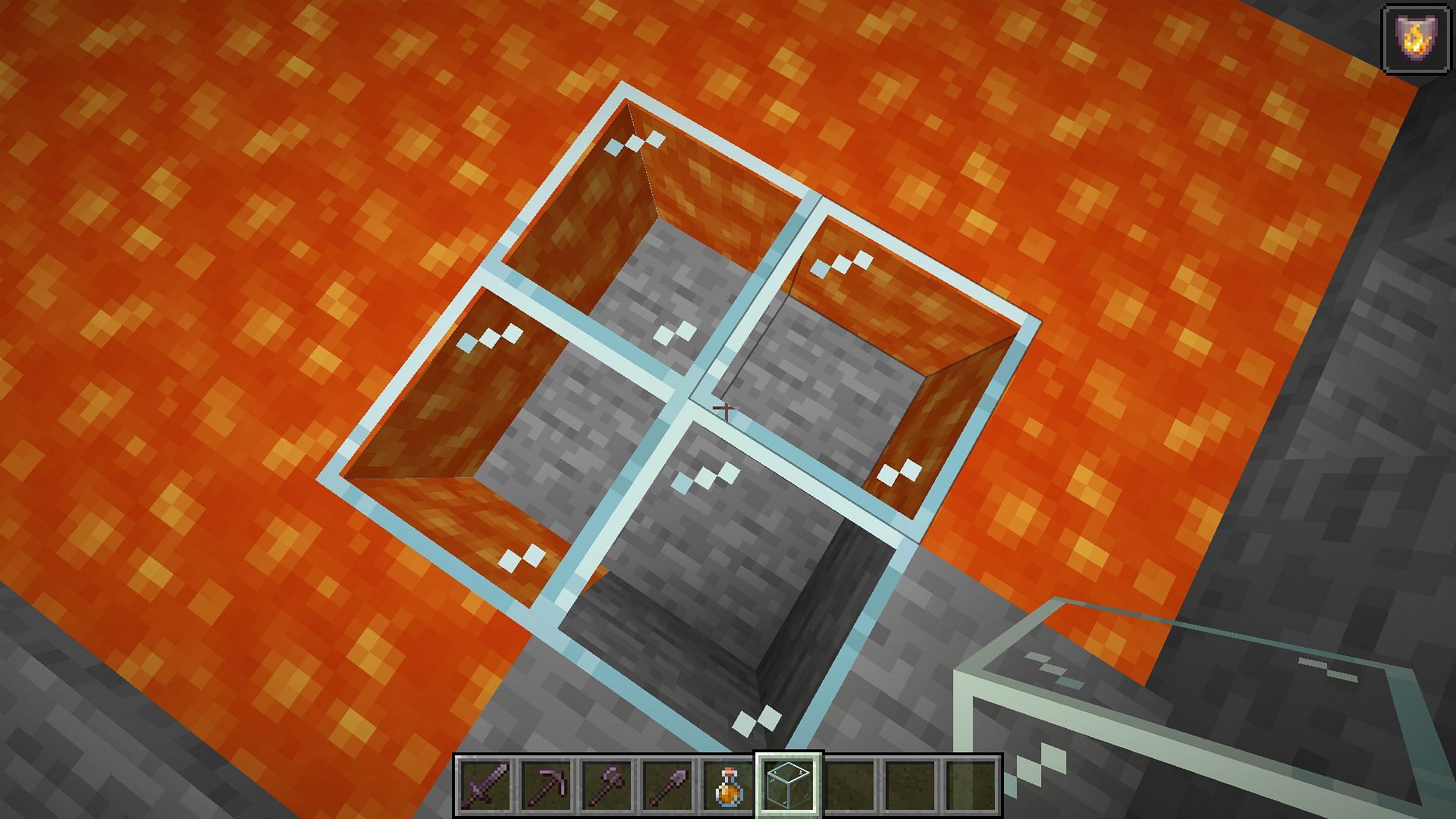 Pour les piscines de lave peu profondes, des blocs de verre peuvent être placés pour révéler ce qu'il y a en dessous (Image via Mojang)