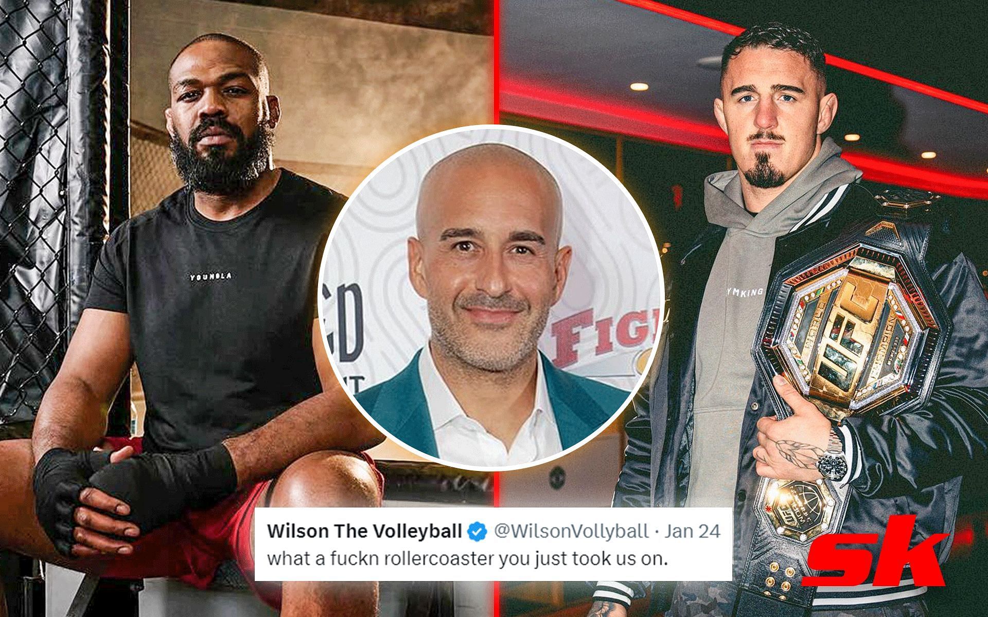 Jon Anik (middle) reacts to Tom Aspinall (right) stopping Jon Jones (left) pursuit [Image via: @jonnybones, @worldmmaawards and @manchesterunited on Instagram] 