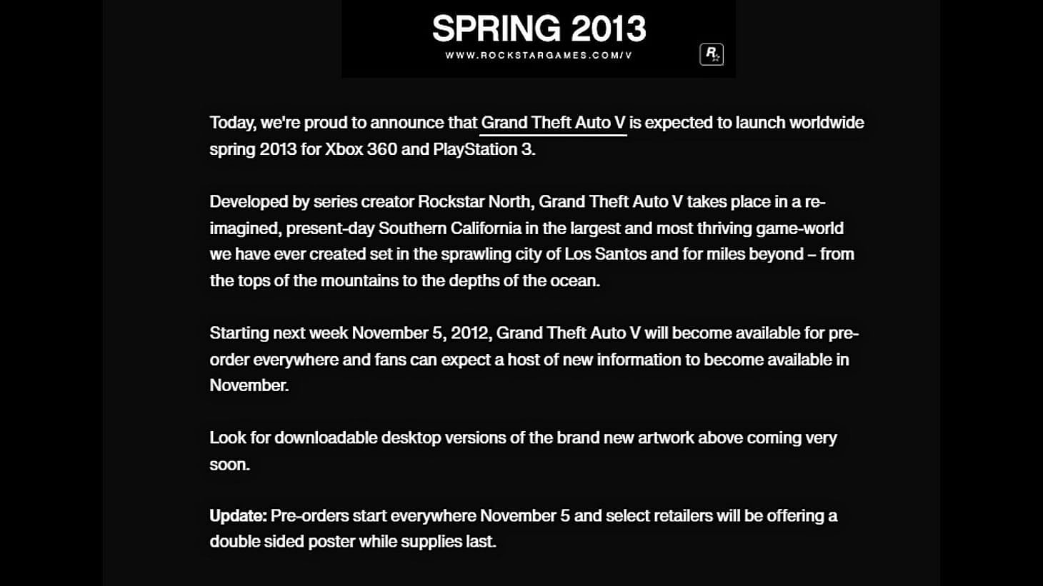 Grand Theft Auto 5 Pre-Order announcement (Image via Rockstar Games Newswire)