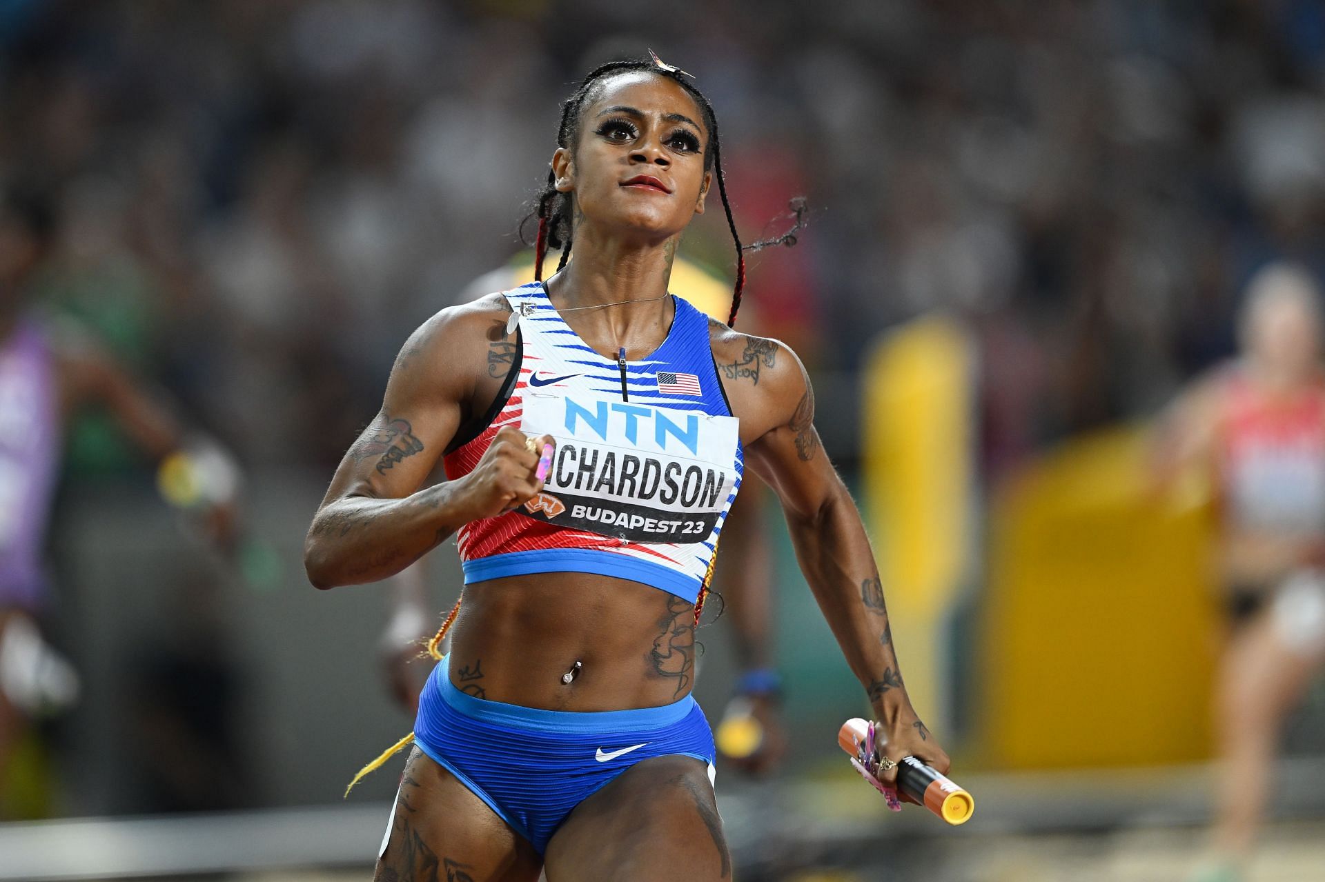 Sha&#039;Carri Richardson in the Women&#039;s 4x100m Relay final at the World Athletics Championships Budapest 2023. (Photo by Hannah Peters/Getty Images)