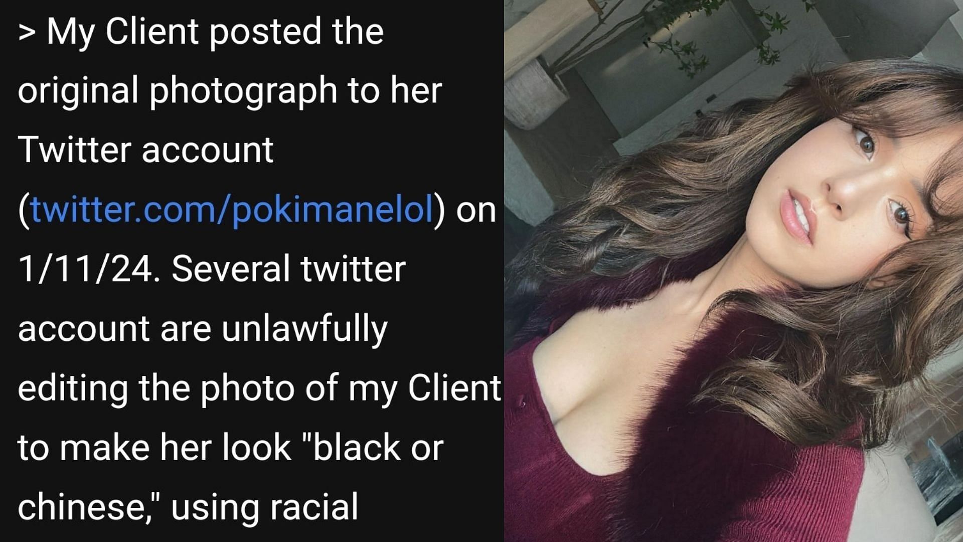 Pokimane copyright strikes X users for racial edit (Image via Instagram/@pokimanelol &amp; X/@RawMeat_42)