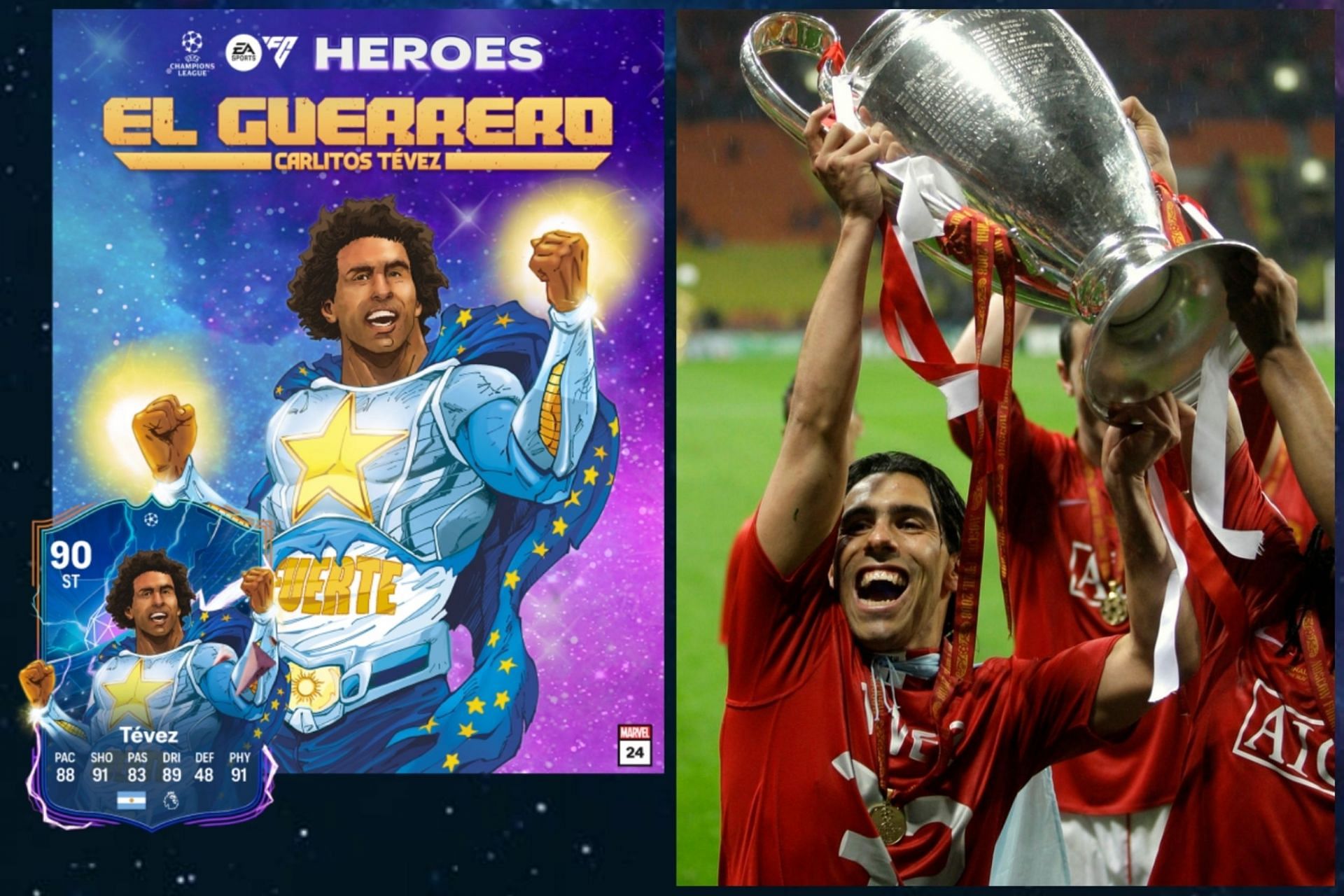 arlos Tevez - 1st in Best UEFA Heroes in EA FC 24 list (Image via EA Sports and UEFA)